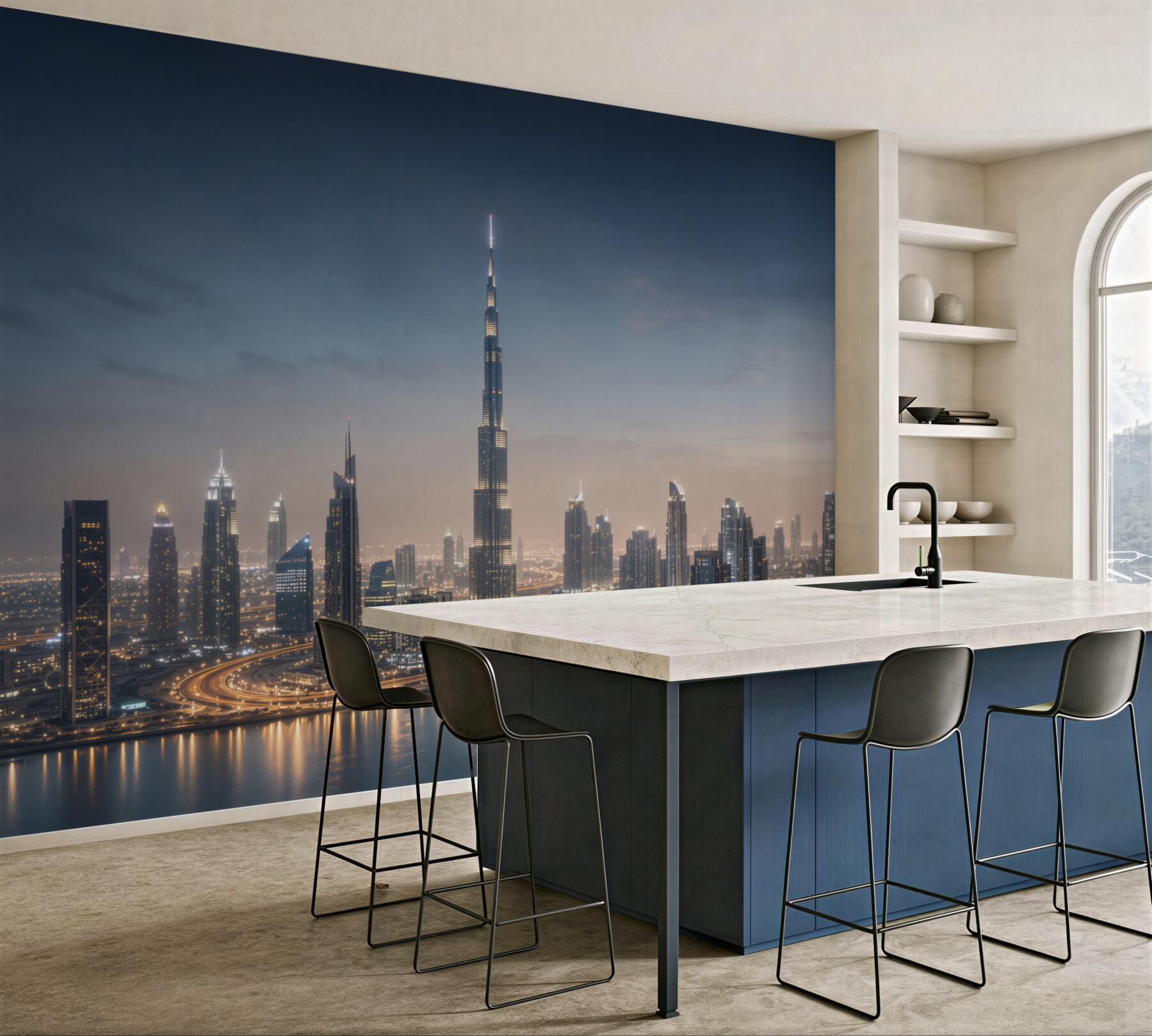 Fototapeta panorama Dubaju nocą z drapaczami chmur nad wodą