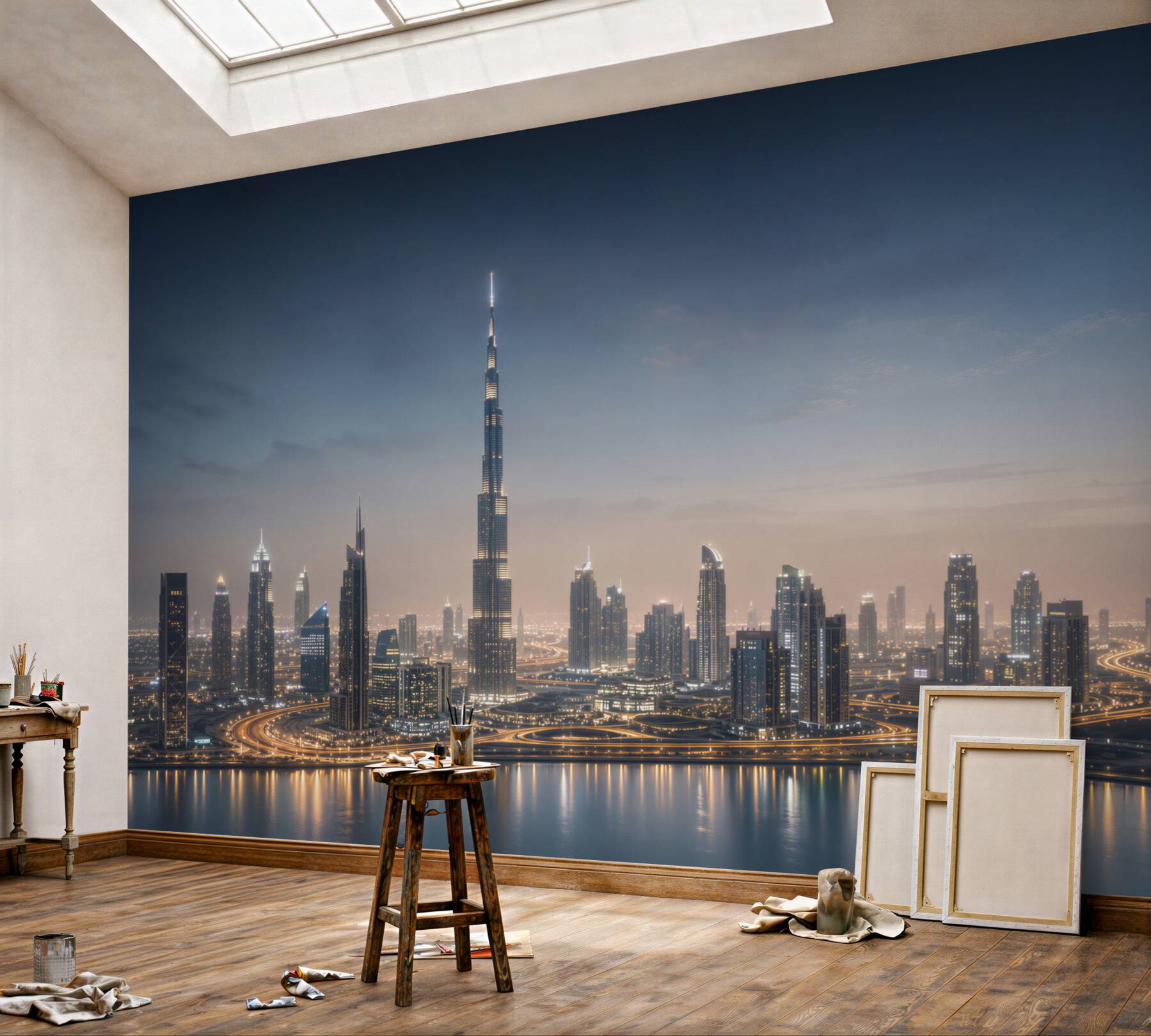 Fototapeta panorama Dubaju nocą z drapaczami chmur nad wodą