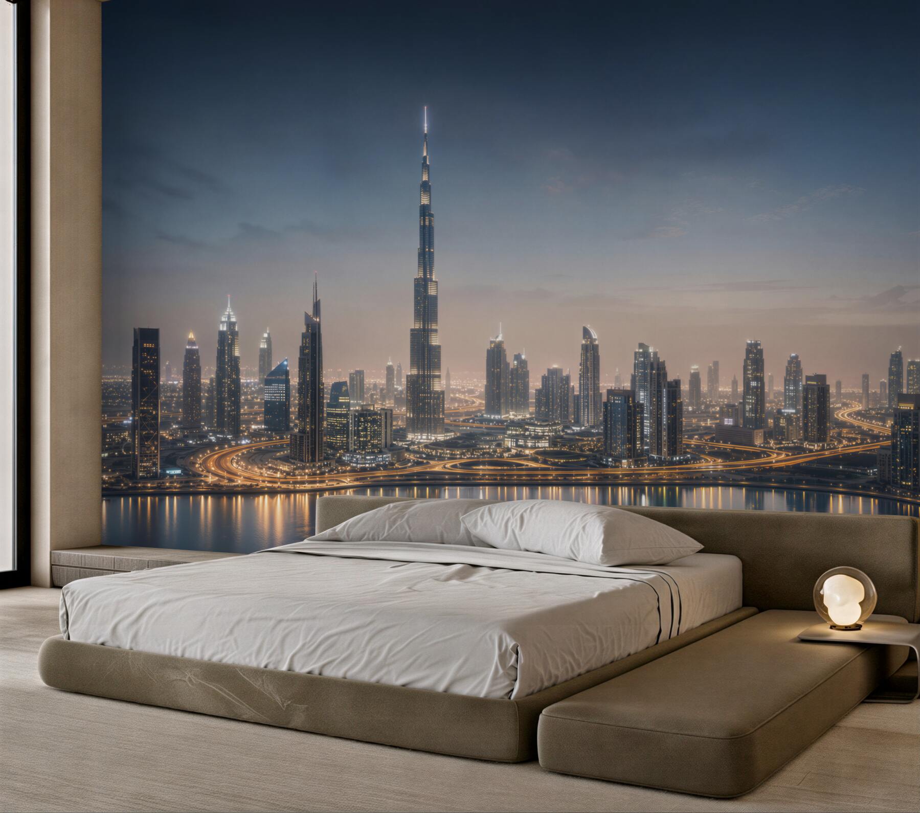 Fototapeta panorama Dubaju nocą z drapaczami chmur nad wodą
