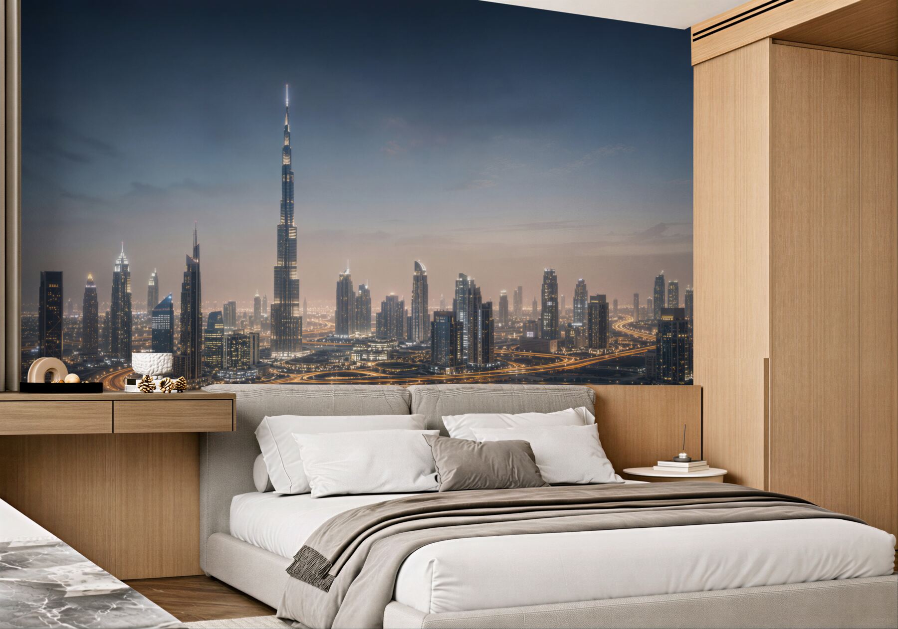 Fototapeta panorama Dubaju nocą z drapaczami chmur nad wodą