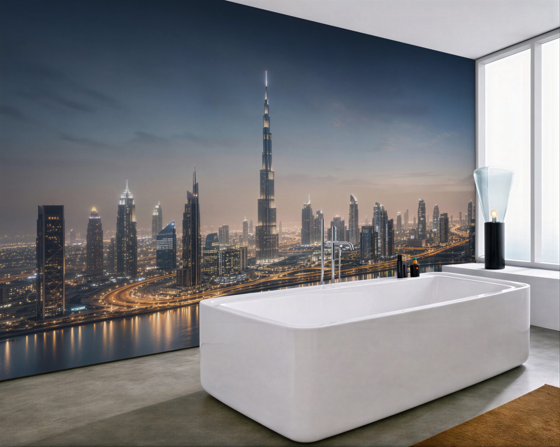 Fototapeta panorama Dubaju nocą z drapaczami chmur nad wodą