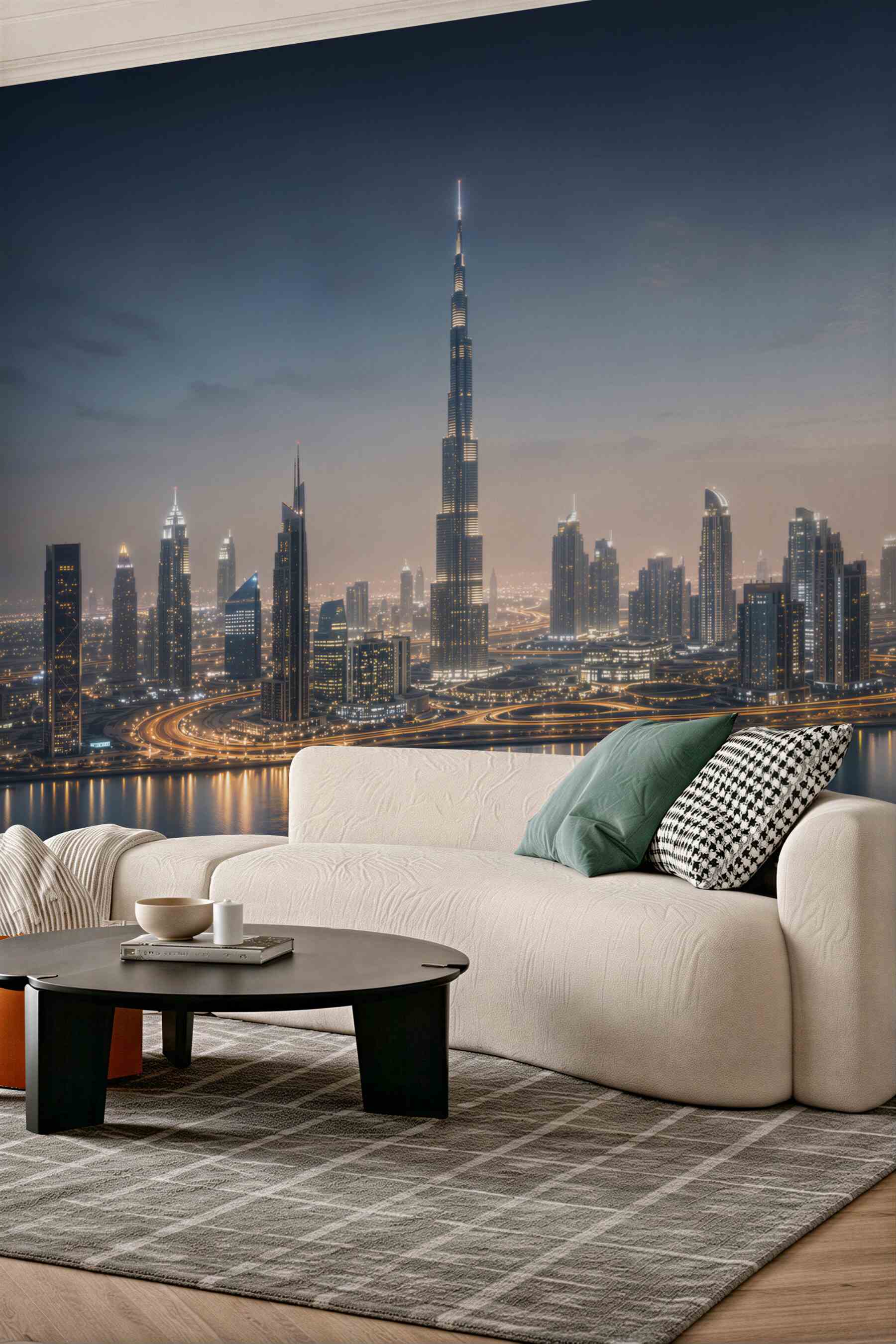 Fototapeta panorama Dubaju nocą z drapaczami chmur nad wodą