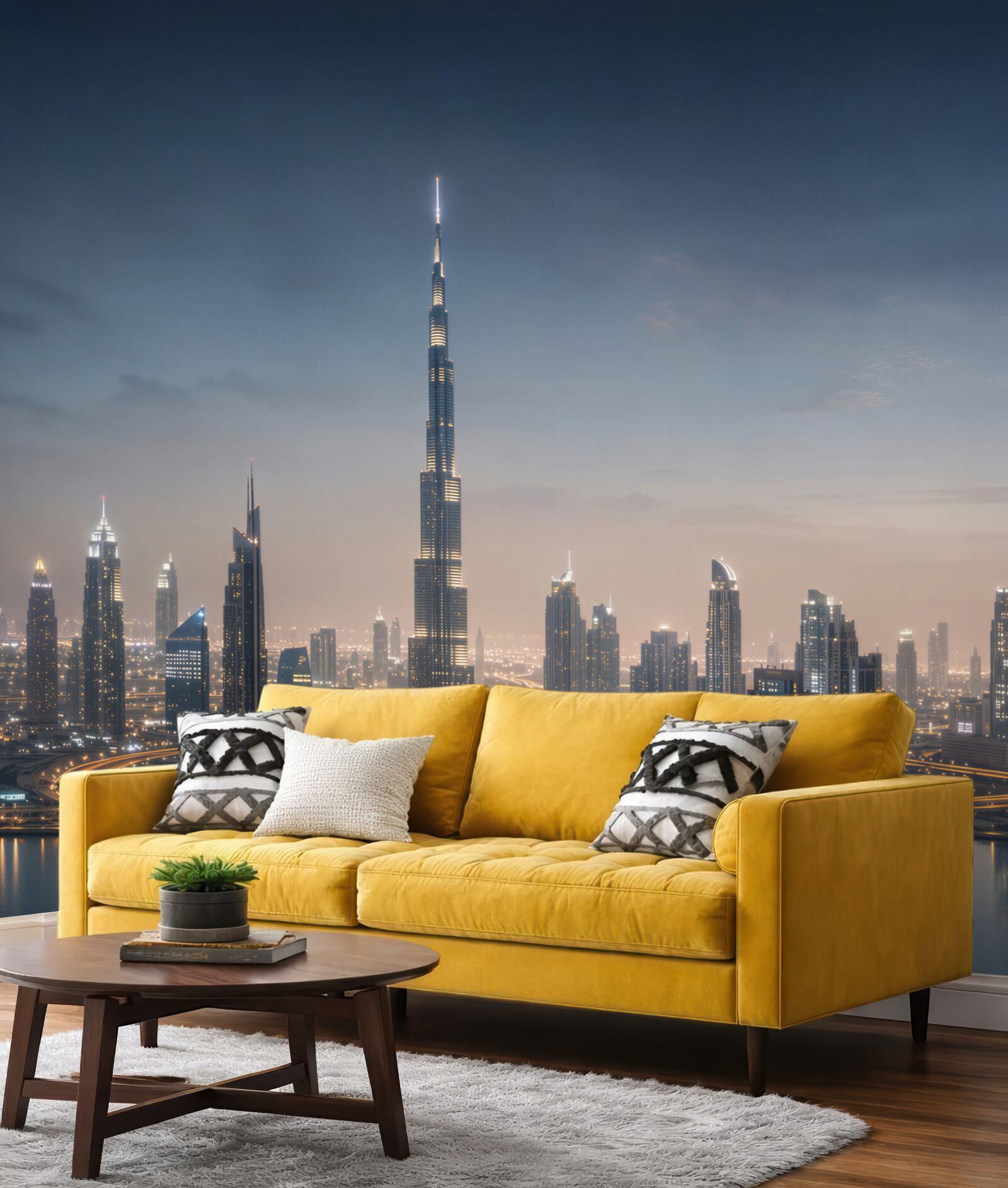 Fototapeta panorama Dubaju nocą z drapaczami chmur nad wodą