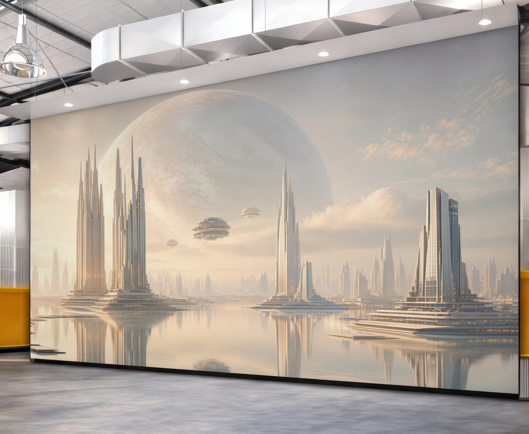 Fototapeta futurystyczne miasto z planetą i wieżami nad wodą
