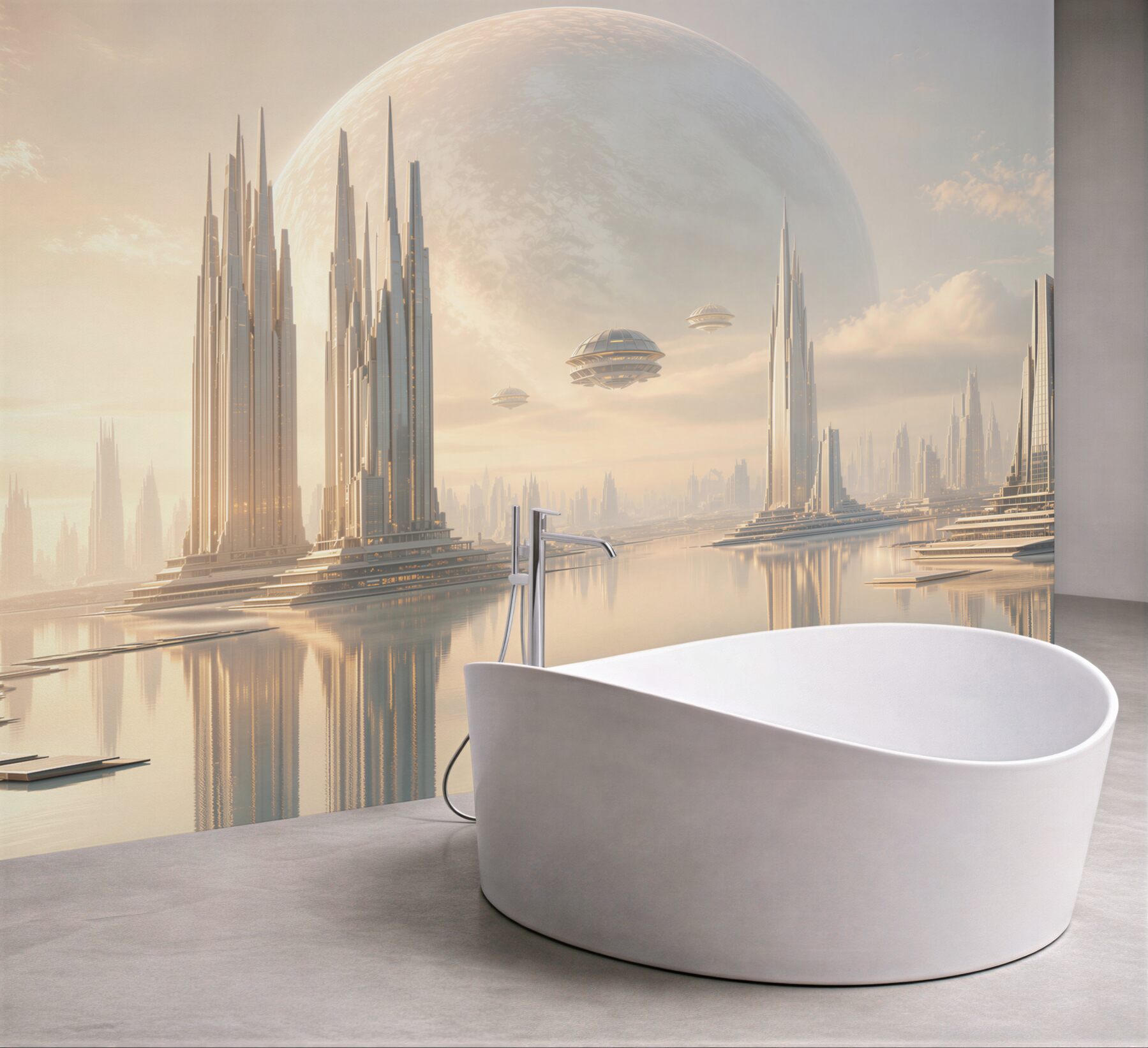 Fototapeta futurystyczne miasto z planetą i wieżami nad wodą