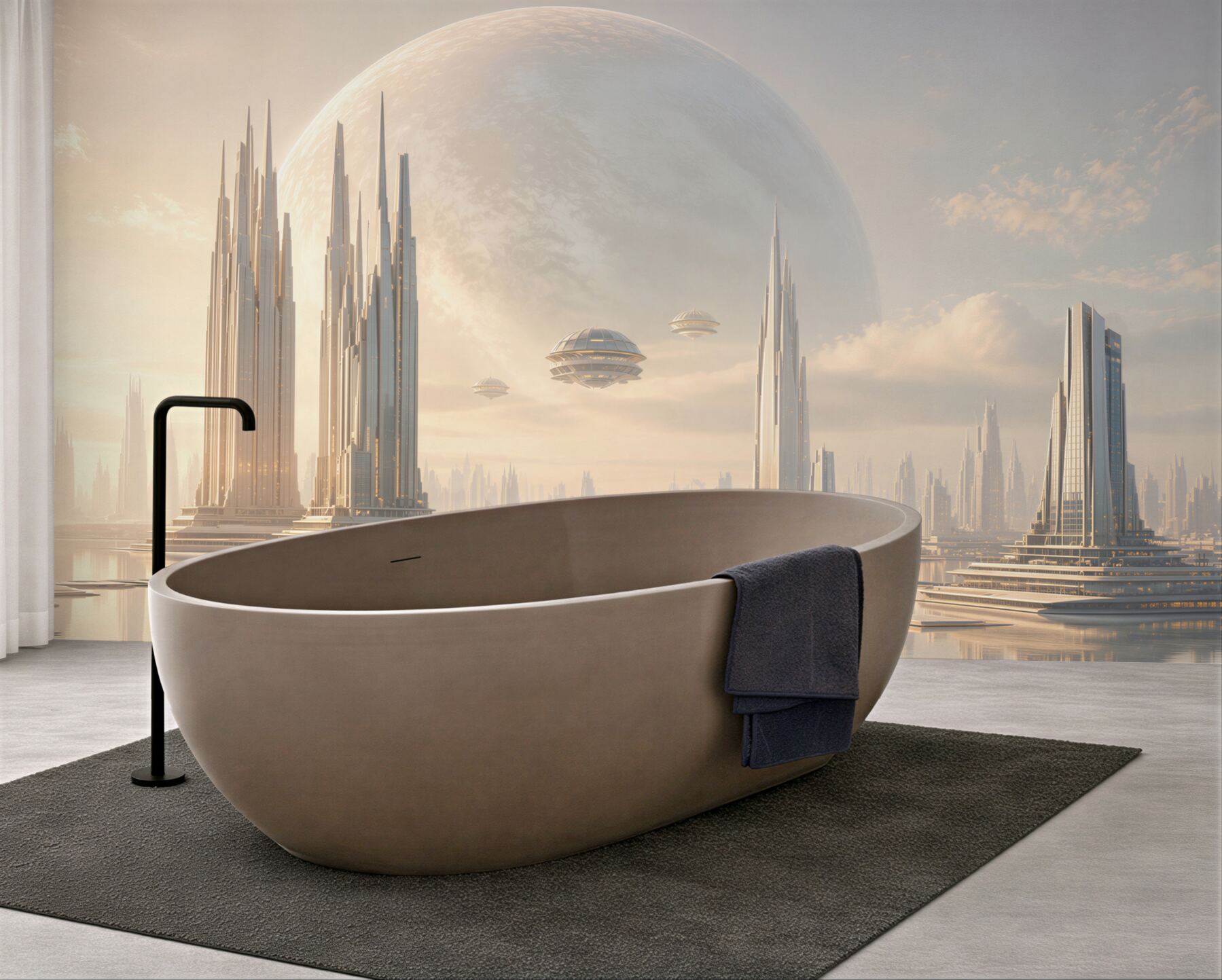 Fototapeta futurystyczne miasto z planetą i wieżami nad wodą