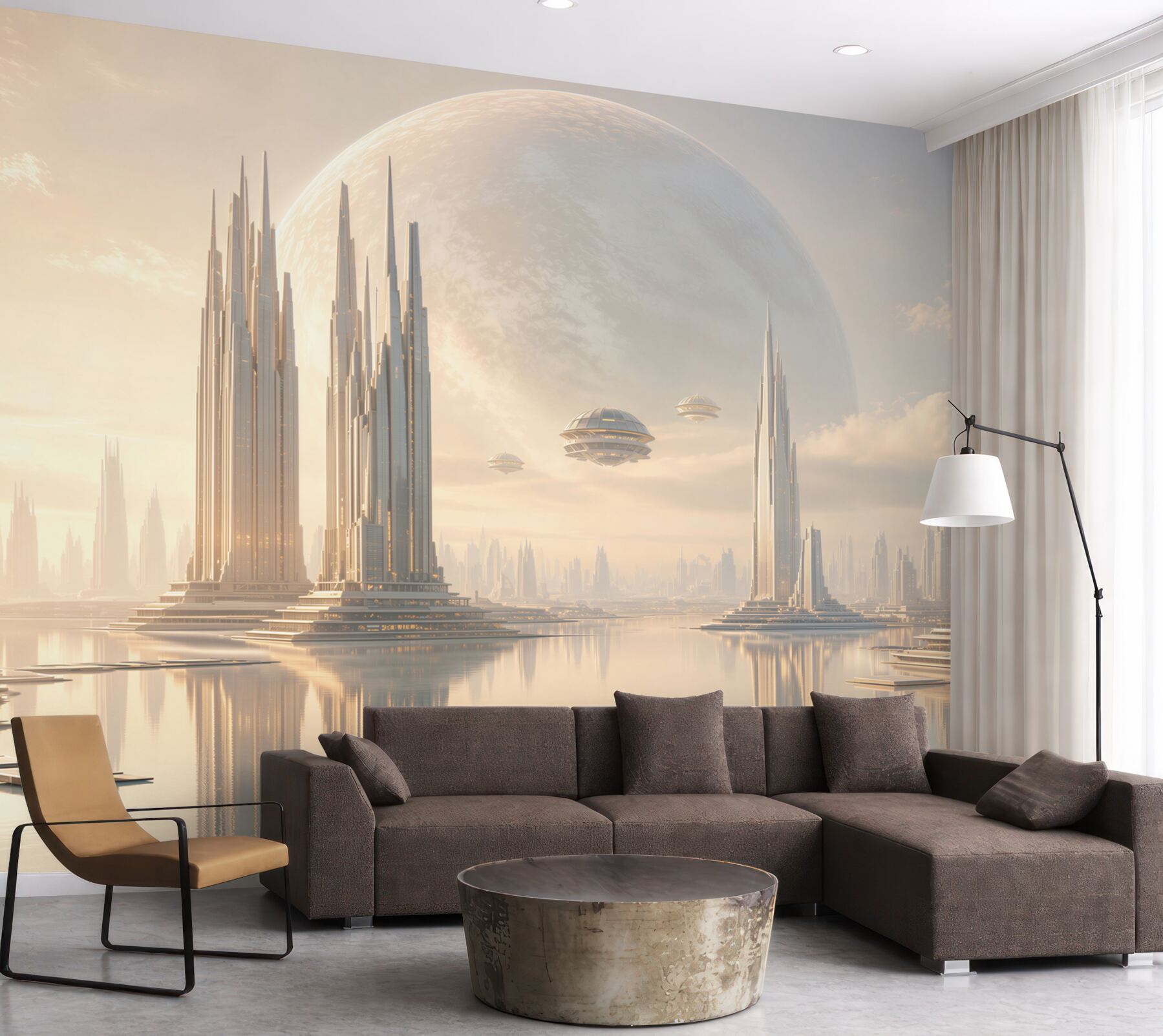 Fototapeta futurystyczne miasto z planetą i wieżami nad wodą