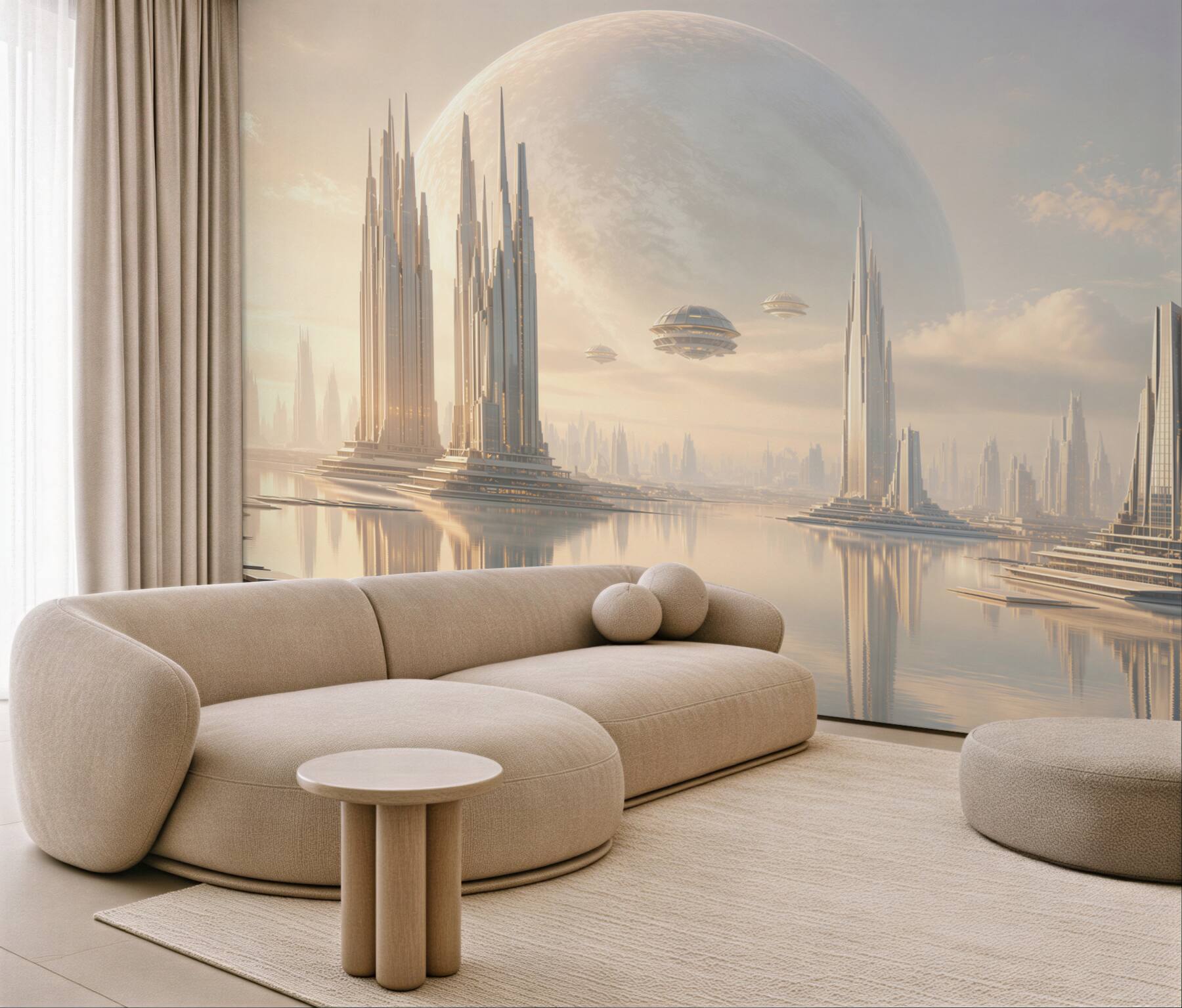 Fototapeta futurystyczne miasto z planetą i wieżami nad wodą