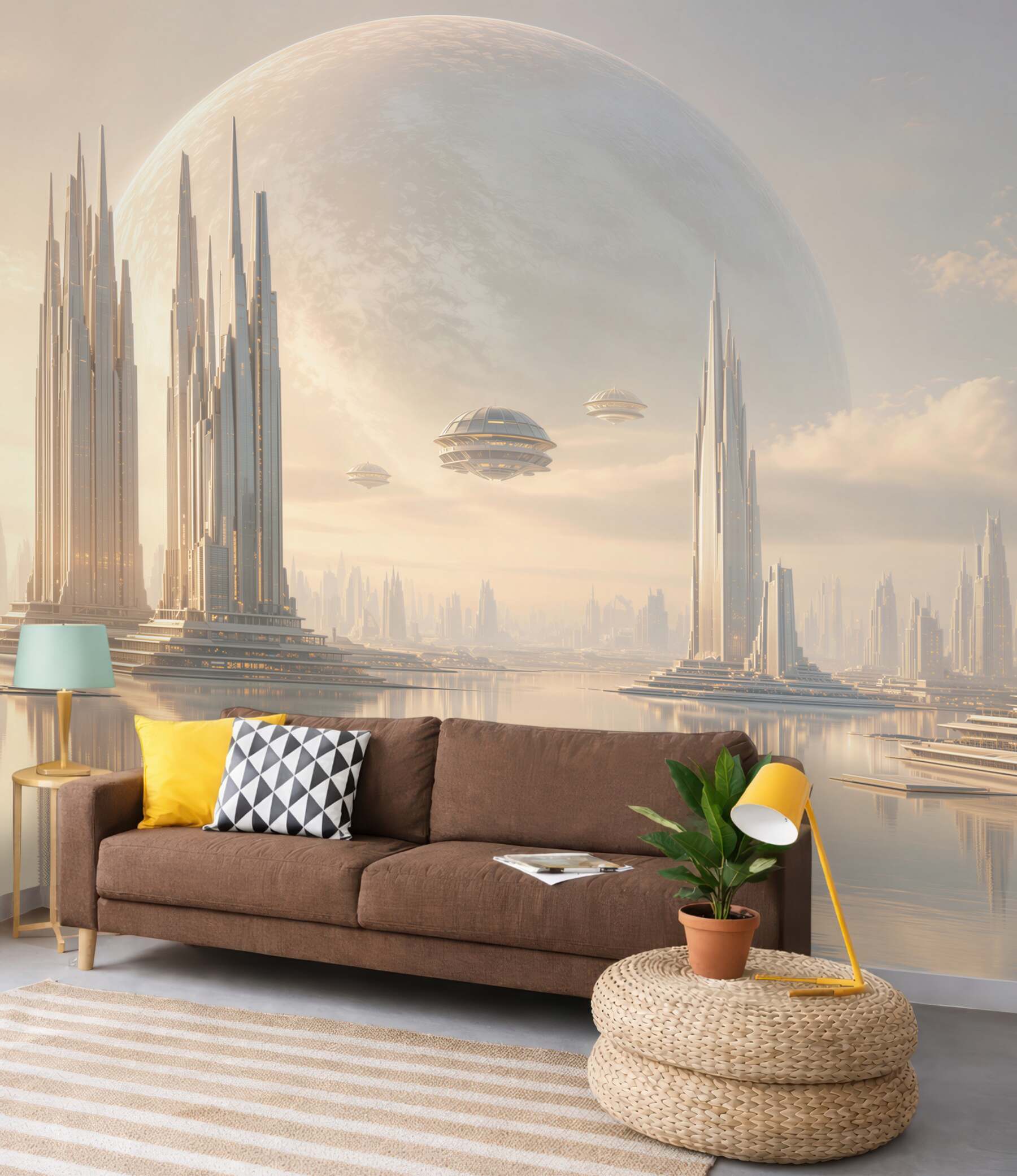 Fototapeta futurystyczne miasto z planetą i wieżami nad wodą