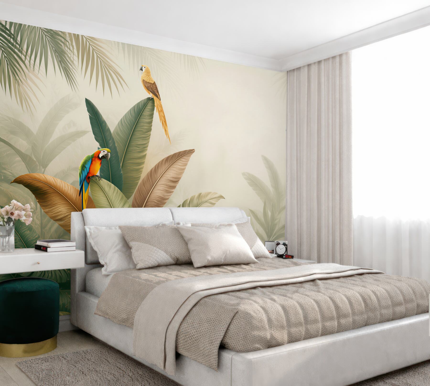 Fototapeta kolorowe papugi w tropikalnej dżungli na jasnym tle