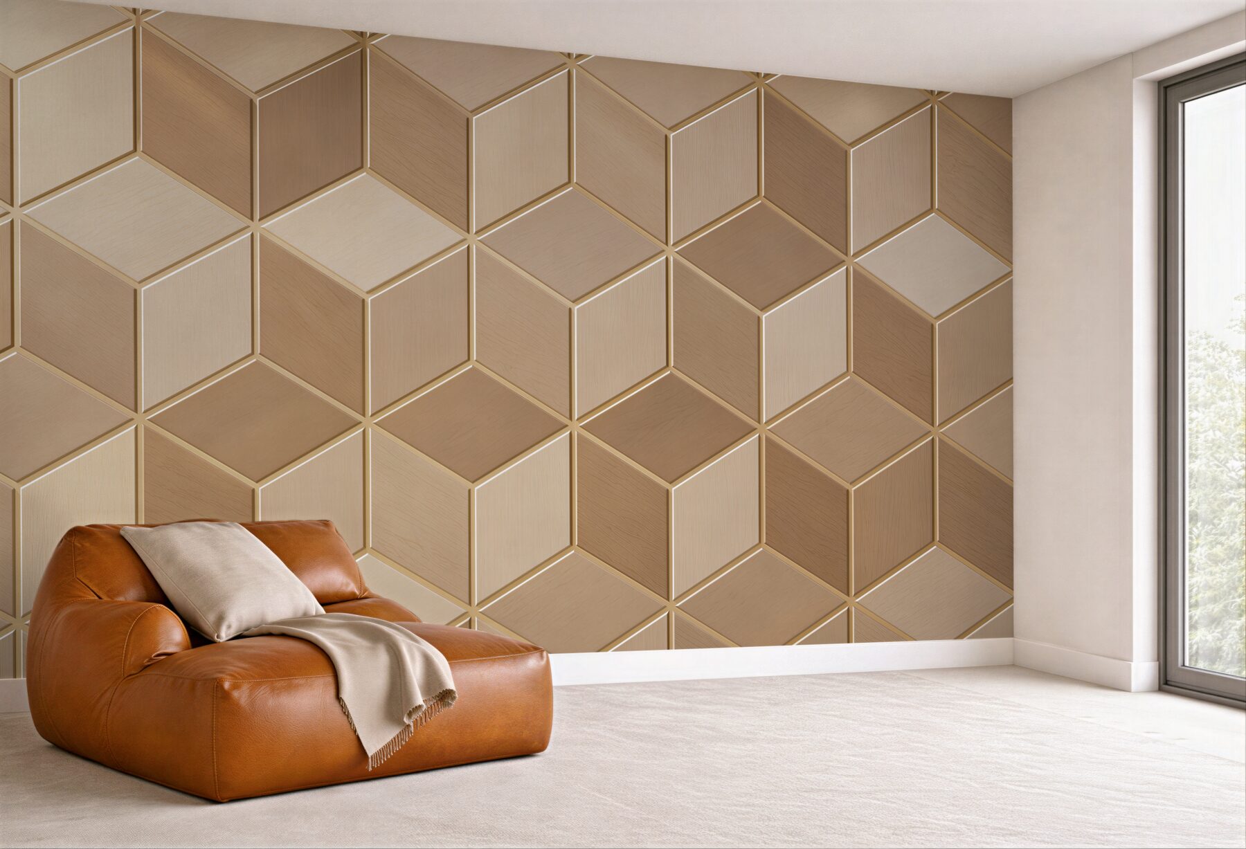 Fototapeta geometryczne kostki 3D beżowe wzór drewniany