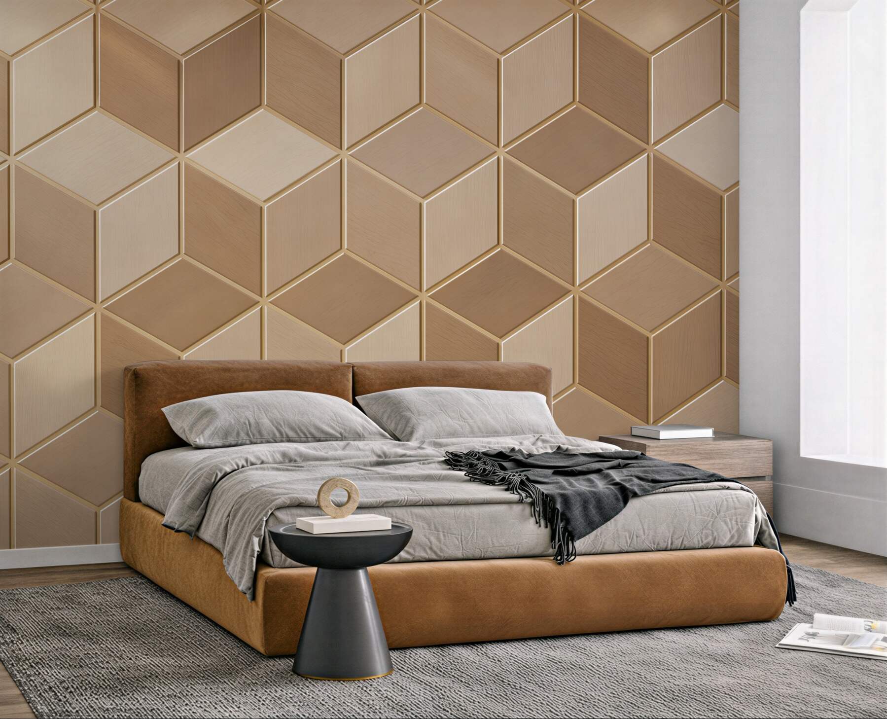 Fototapeta geometryczne kostki 3D beżowe wzór drewniany