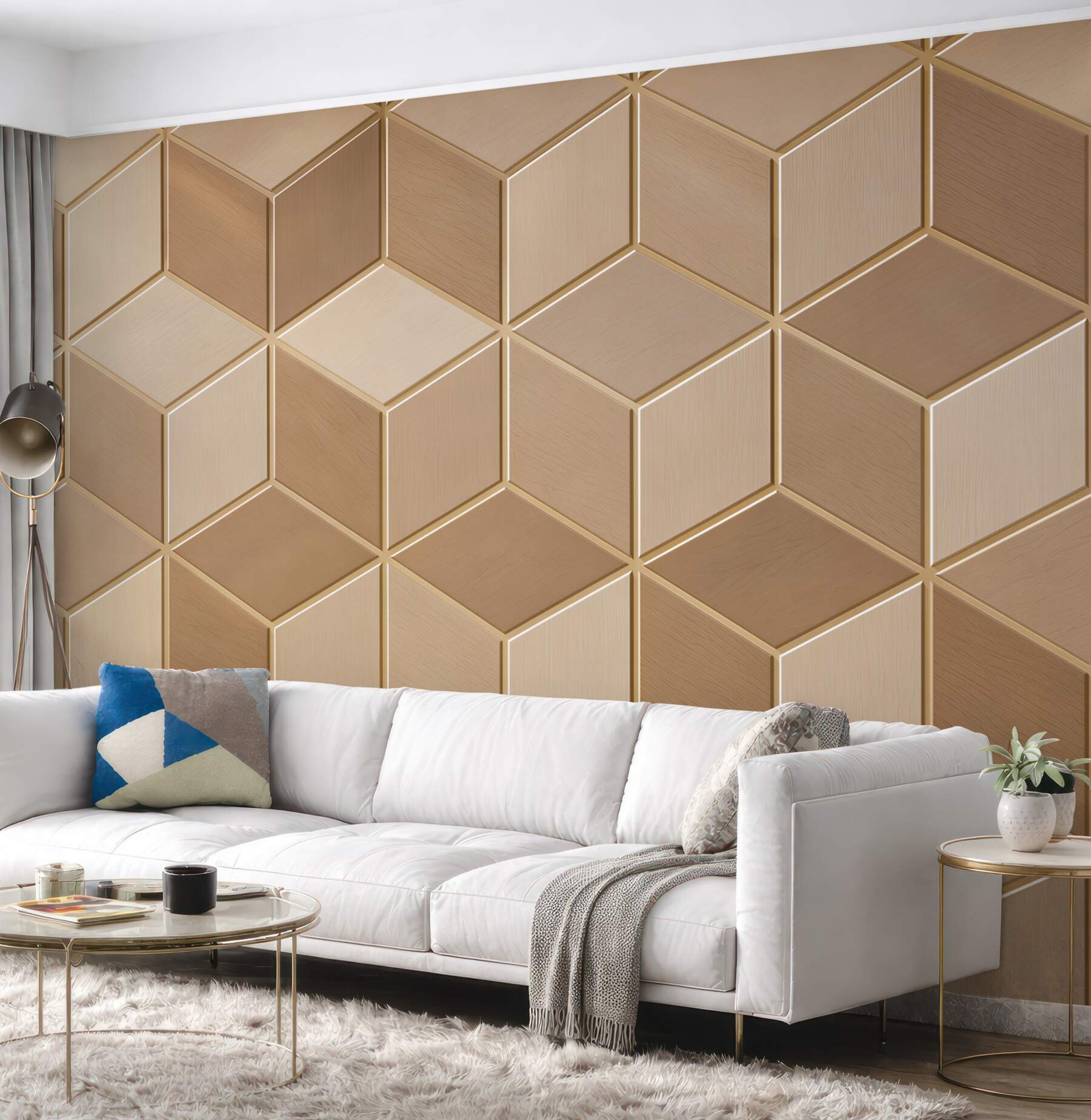 Fototapeta geometryczne kostki 3D beżowe wzór drewniany