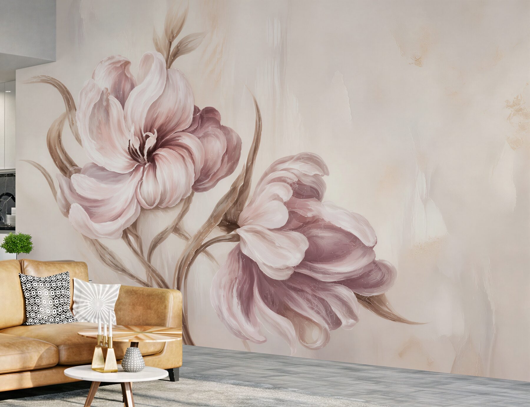 Fototapeta pastelowe tulipany beżowo różowe eleganckie kwiaty do salonu