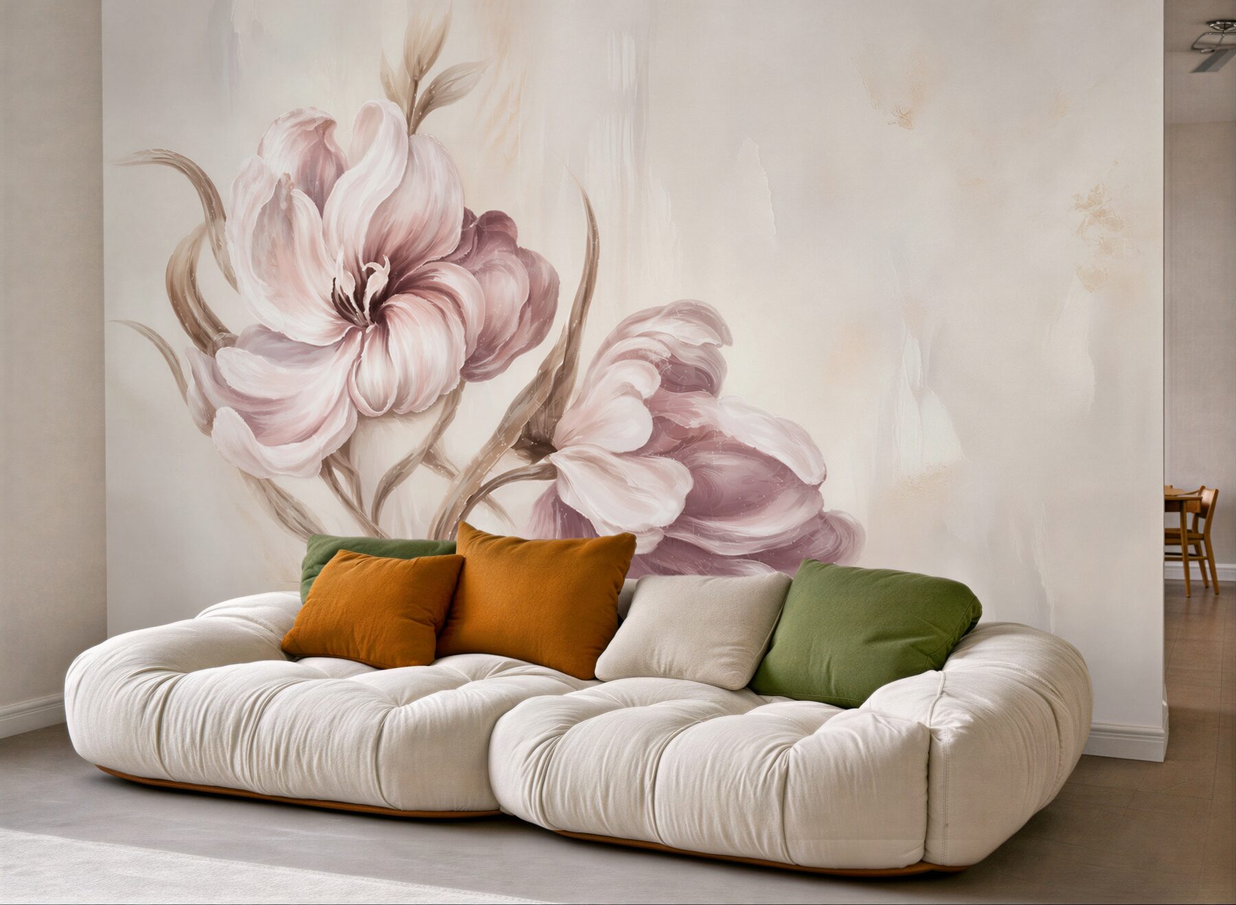 Fototapeta pastelowe tulipany beżowo różowe eleganckie kwiaty do salonu