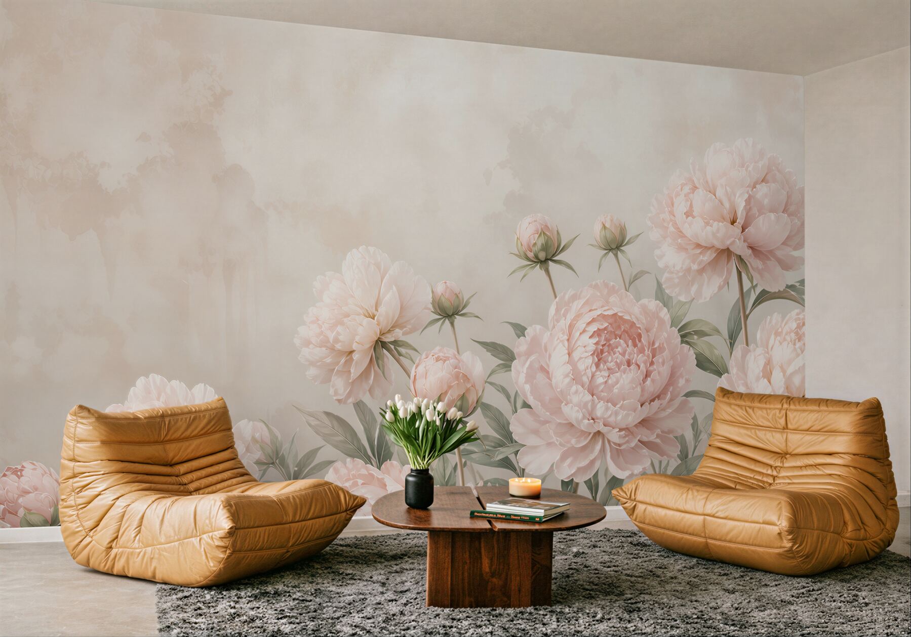 Fototapeta piwonie pudrowy róż na jasnym tle elegancka do sypialni