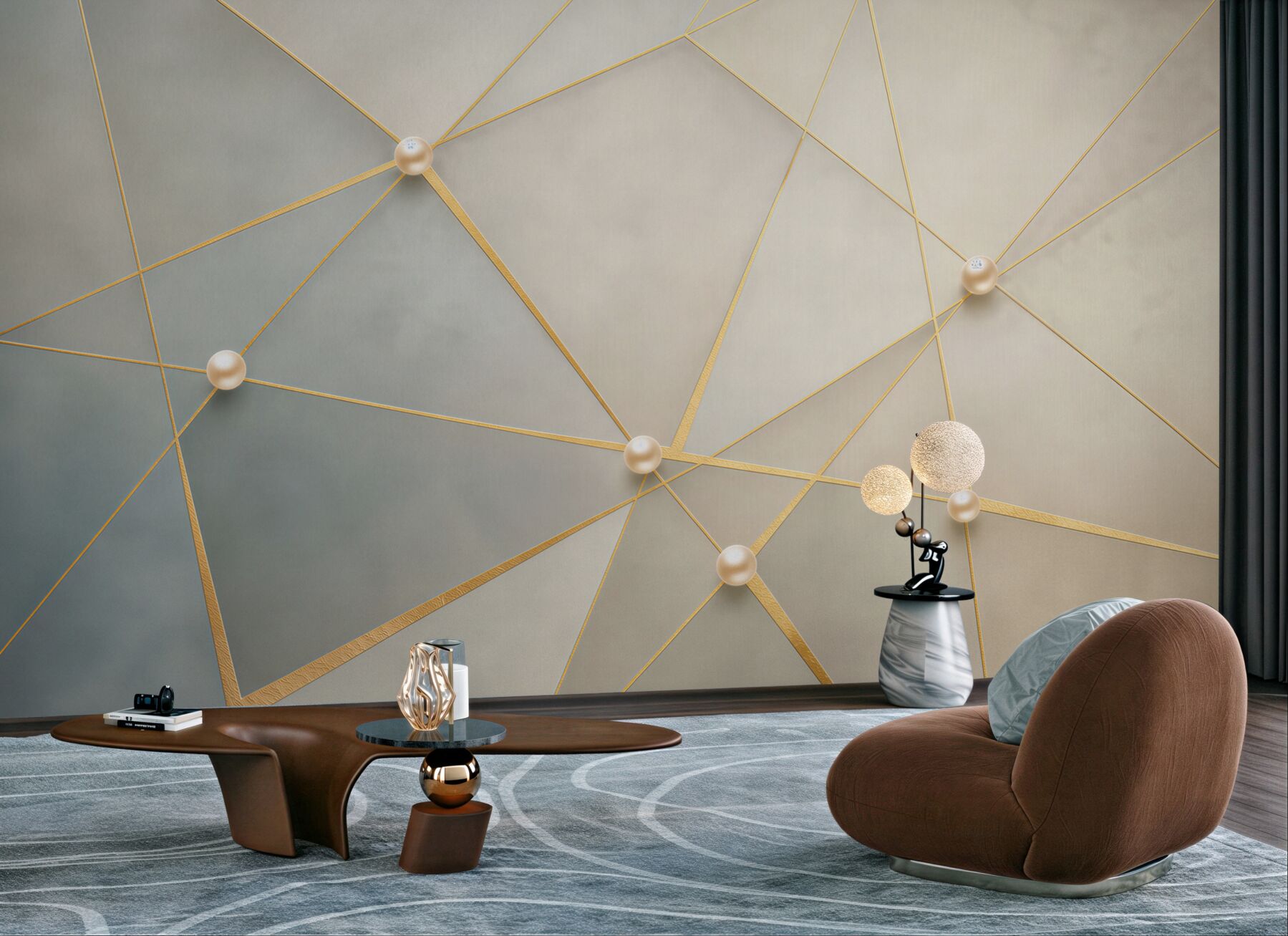 Fototapeta geometryczna abstrakcja ze złotymi liniami i perłami elegancka