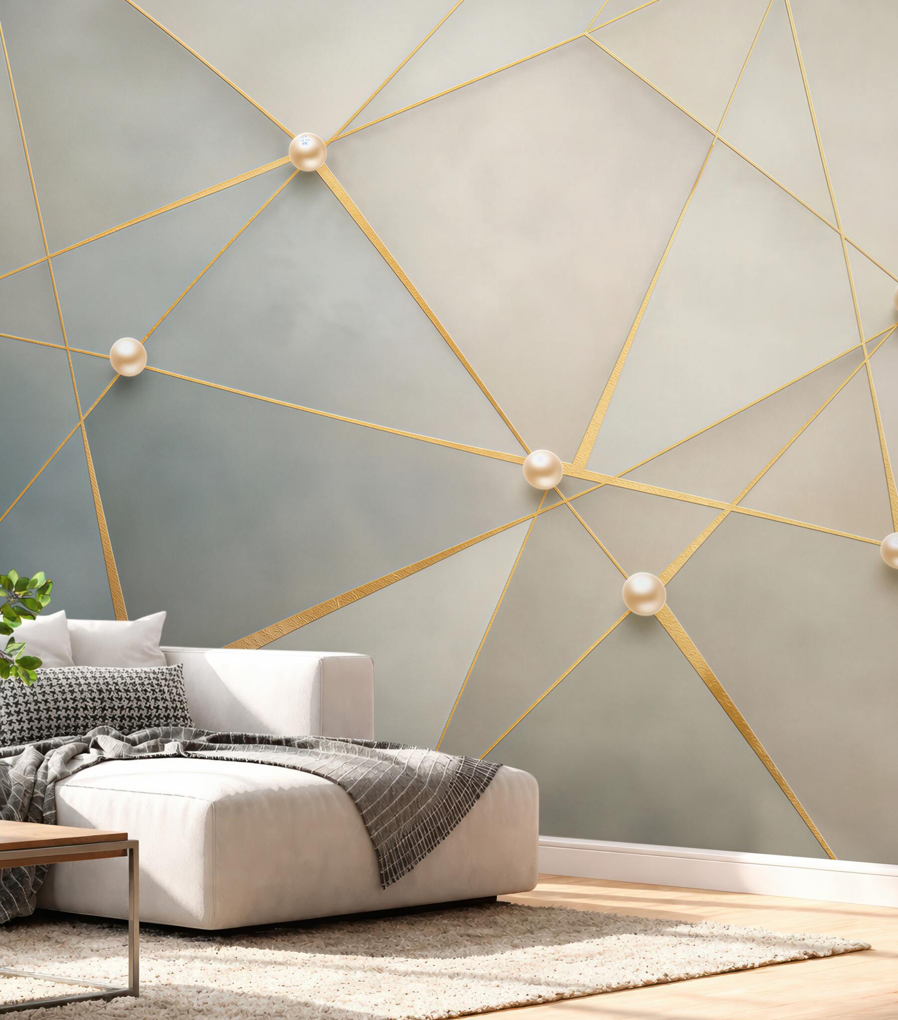 Fototapeta geometryczna abstrakcja ze złotymi liniami i perłami elegancka