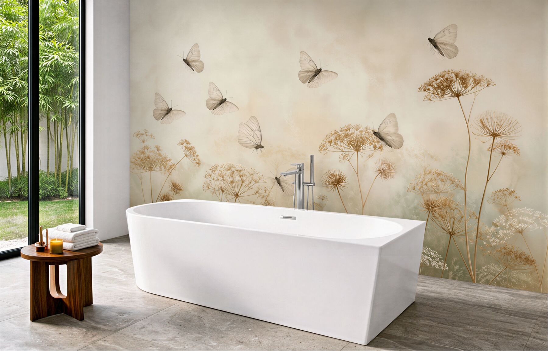 Fototapeta delikatne motyle na łące z dmuchawcami beżowa naturalna