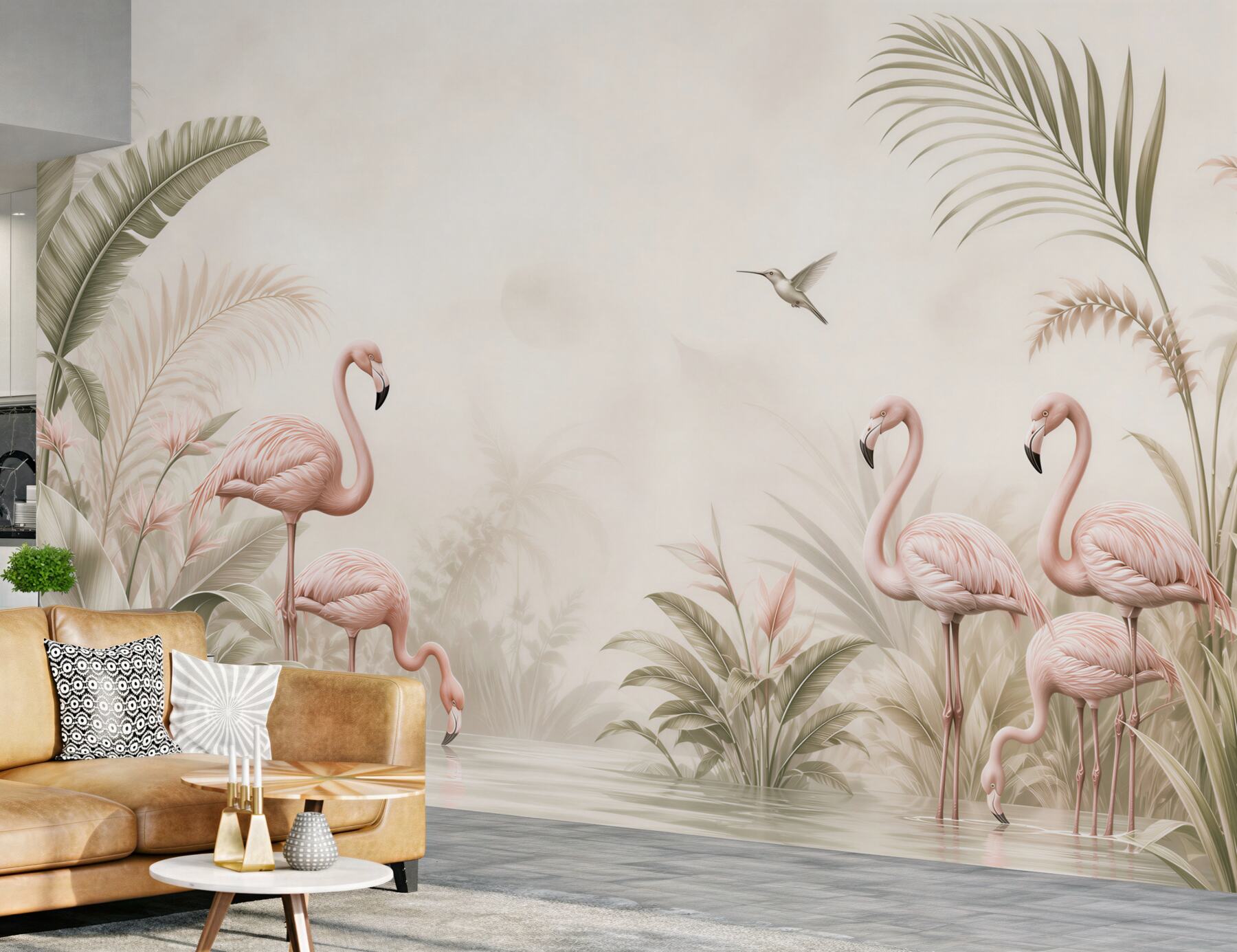 Fototapeta flamingi wśród tropikalnych liści pastelowa beżowa