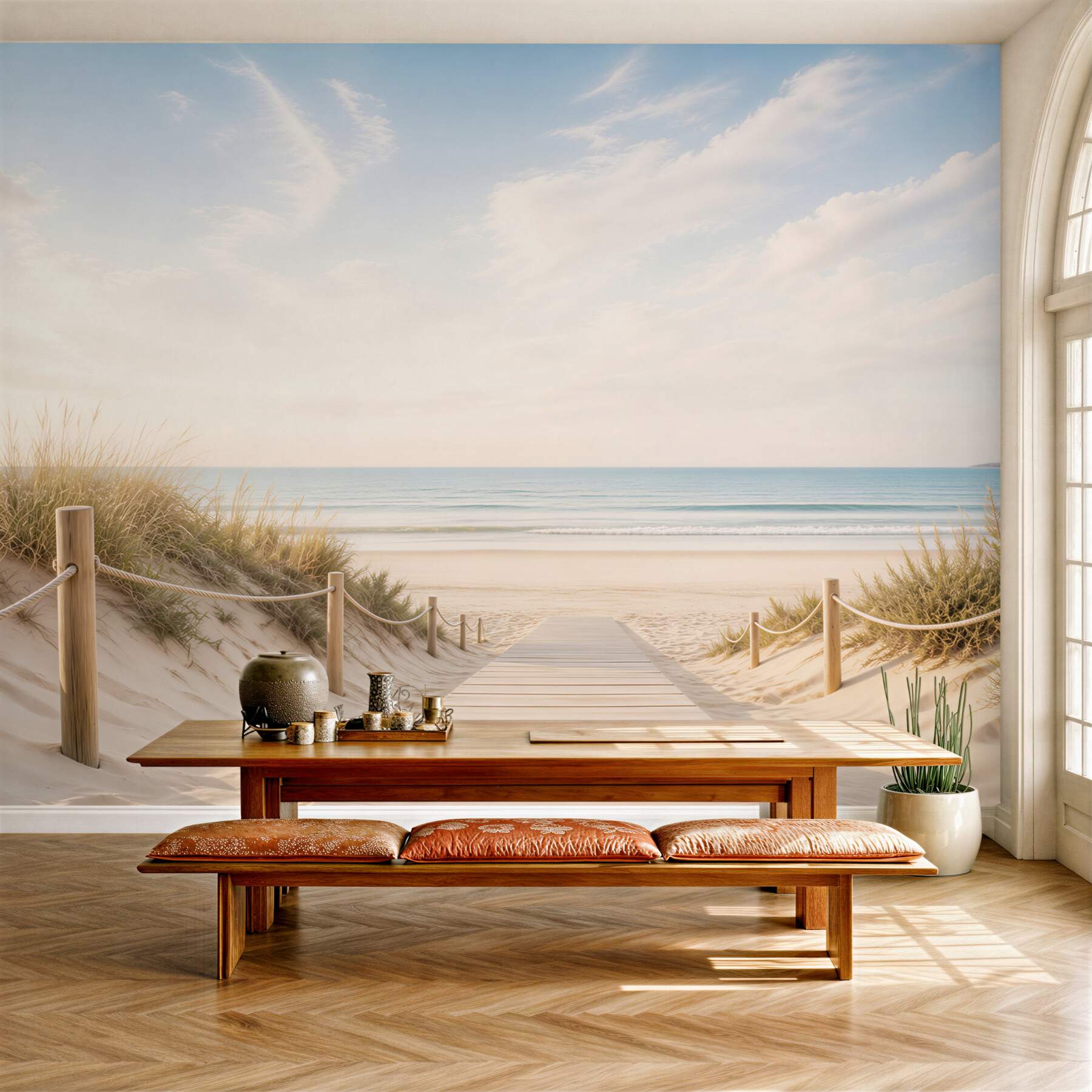 Fototapeta plaża z drewnianą ścieżką i wydmami w pastelowych kolorach