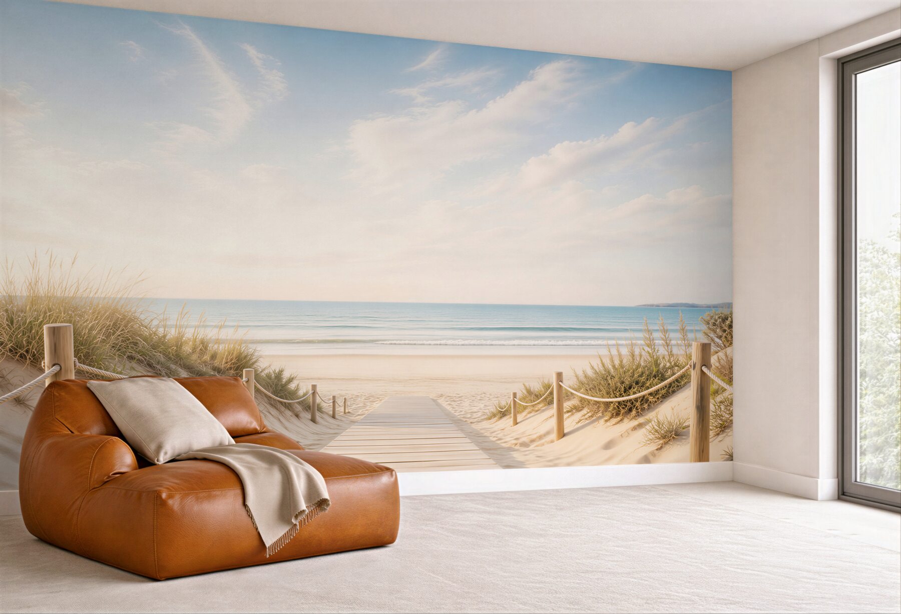Fototapeta plaża z drewnianą ścieżką i wydmami w pastelowych kolorach