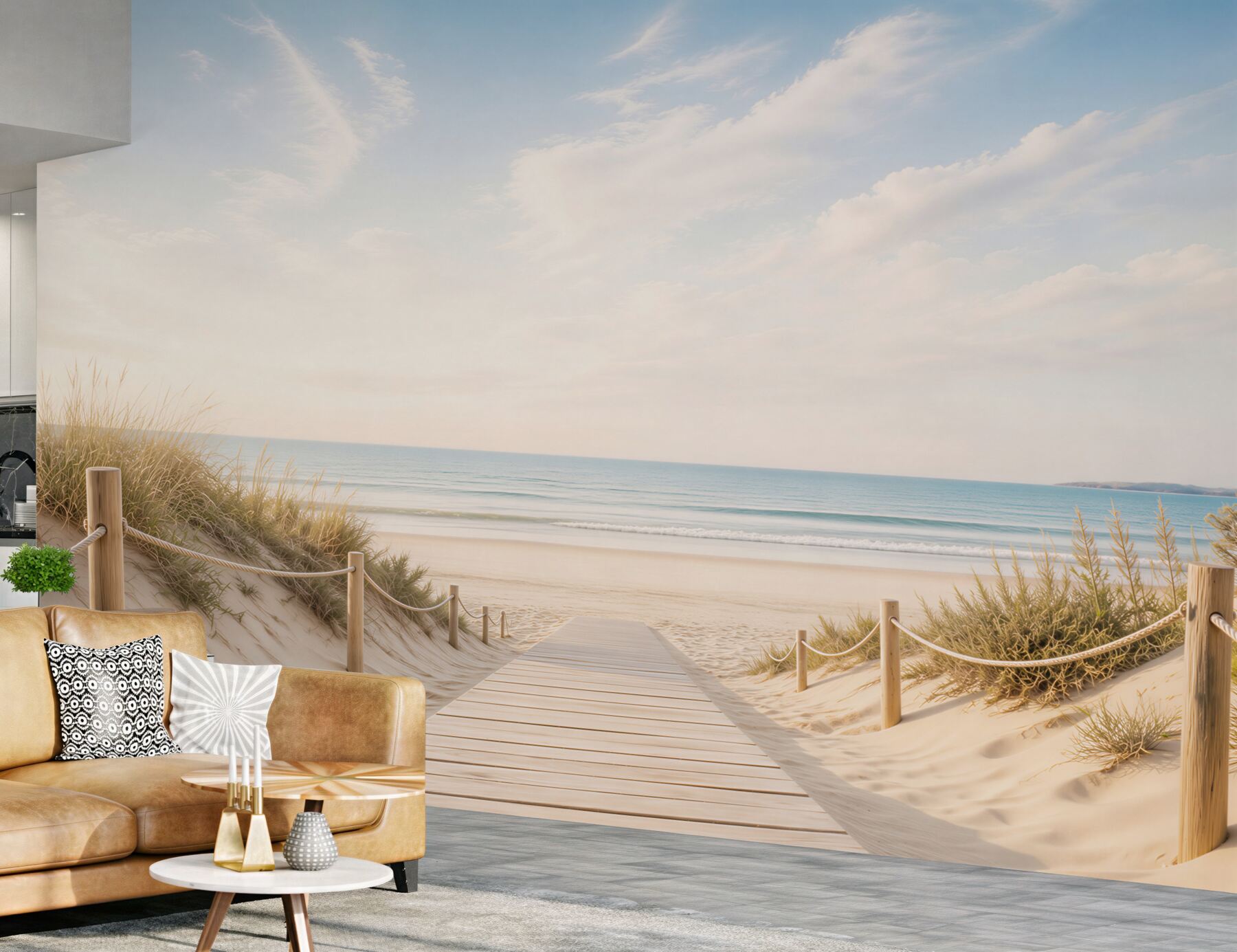 Fototapeta plaża z drewnianą ścieżką i wydmami w pastelowych kolorach