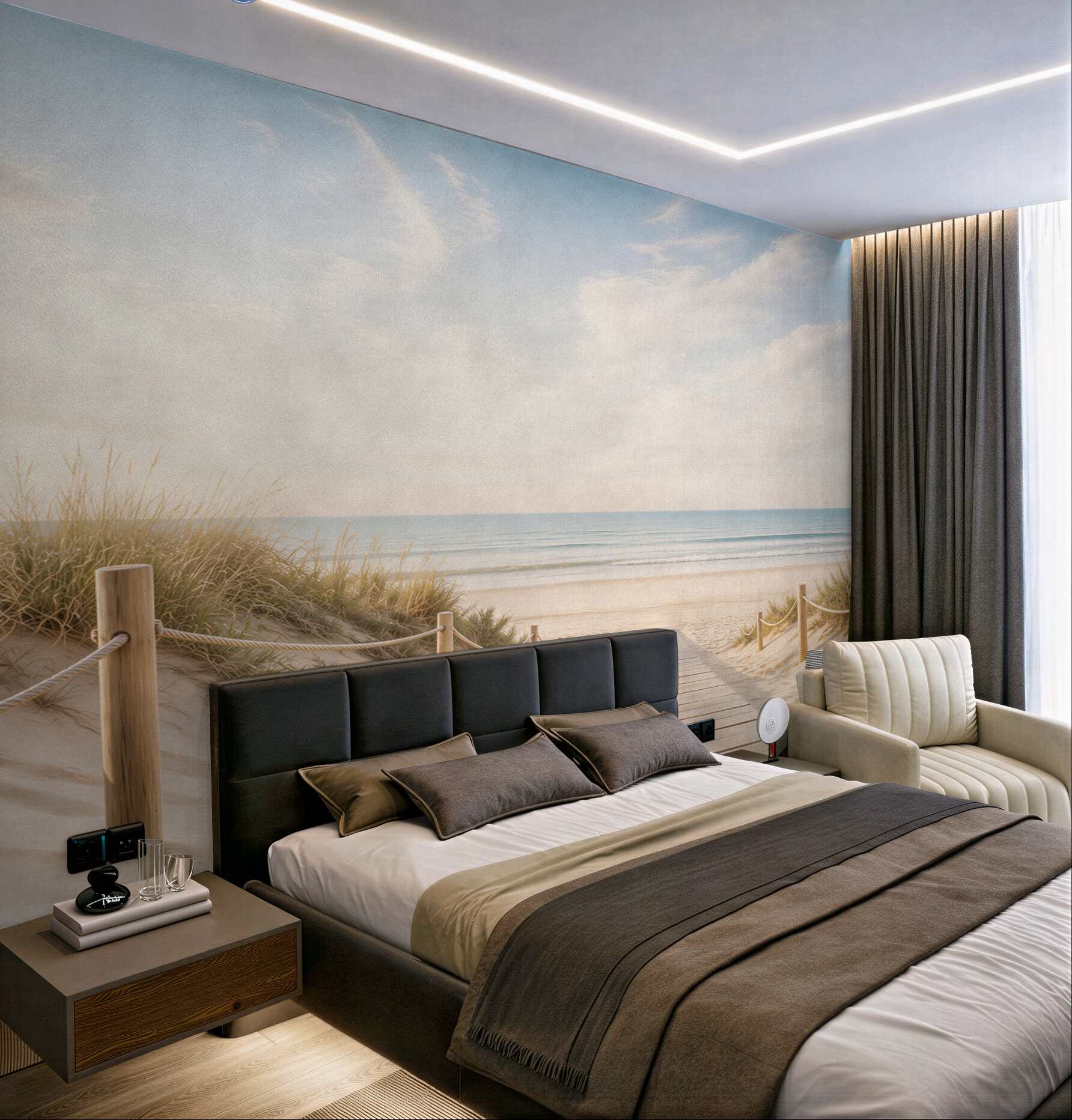 Fototapeta plaża z drewnianą ścieżką i wydmami w pastelowych kolorach