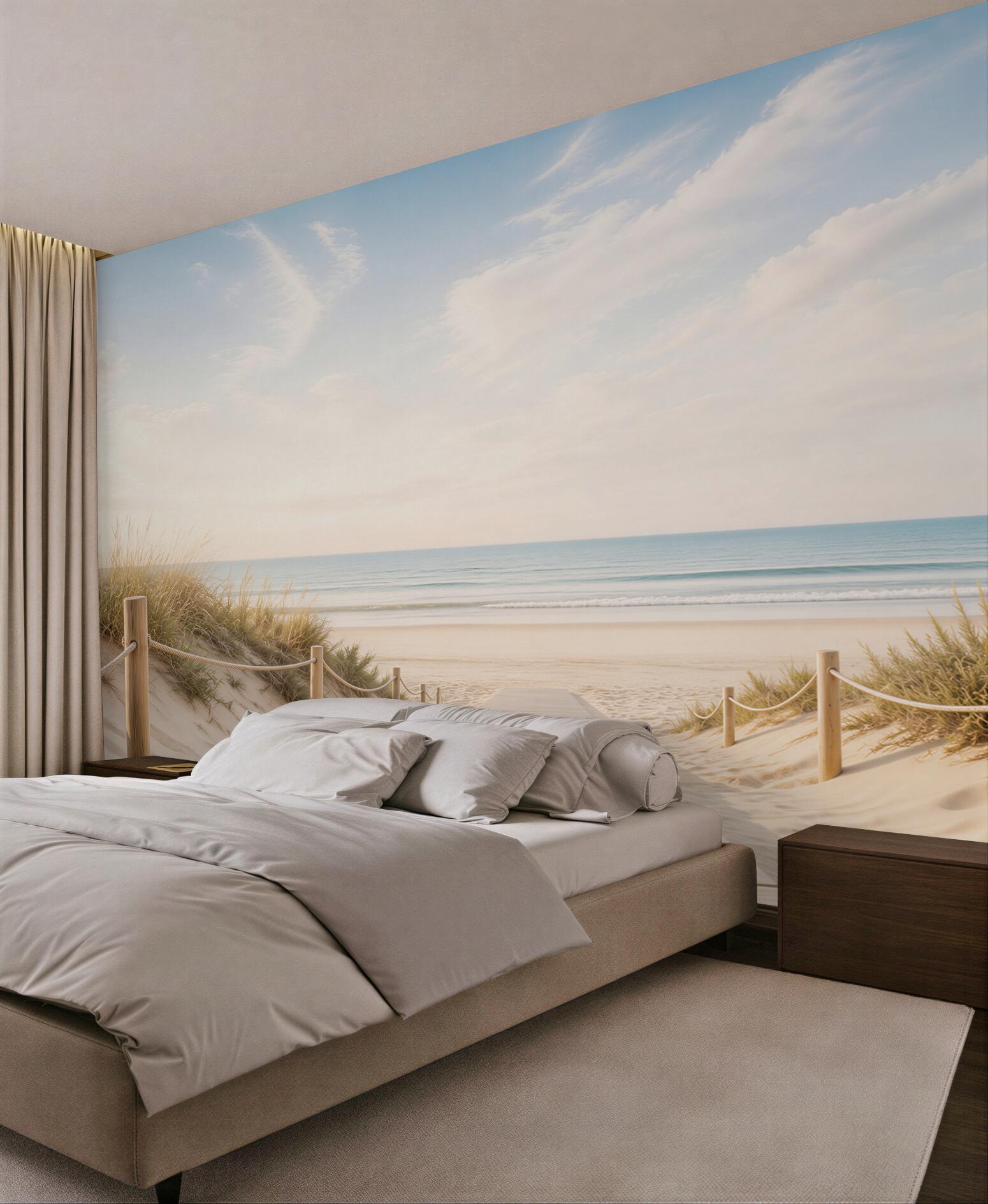 Fototapeta plaża z drewnianą ścieżką i wydmami w pastelowych kolorach