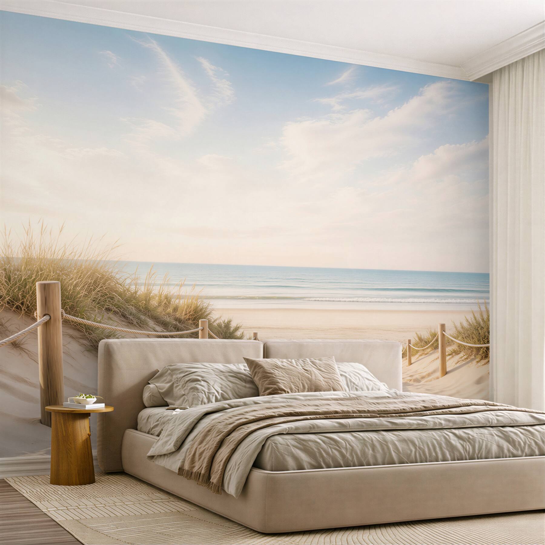 Fototapeta plaża z drewnianą ścieżką i wydmami w pastelowych kolorach