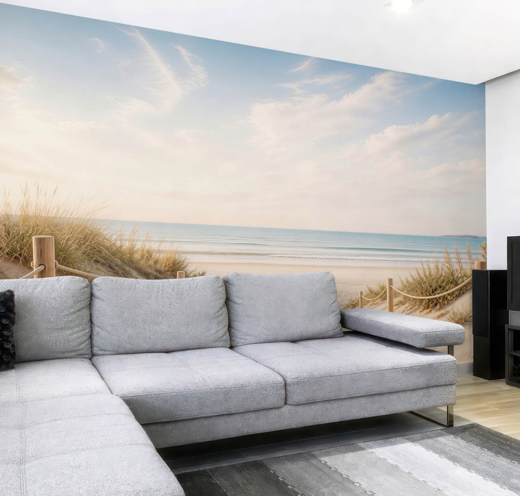 Fototapeta plaża z drewnianą ścieżką i wydmami w pastelowych kolorach