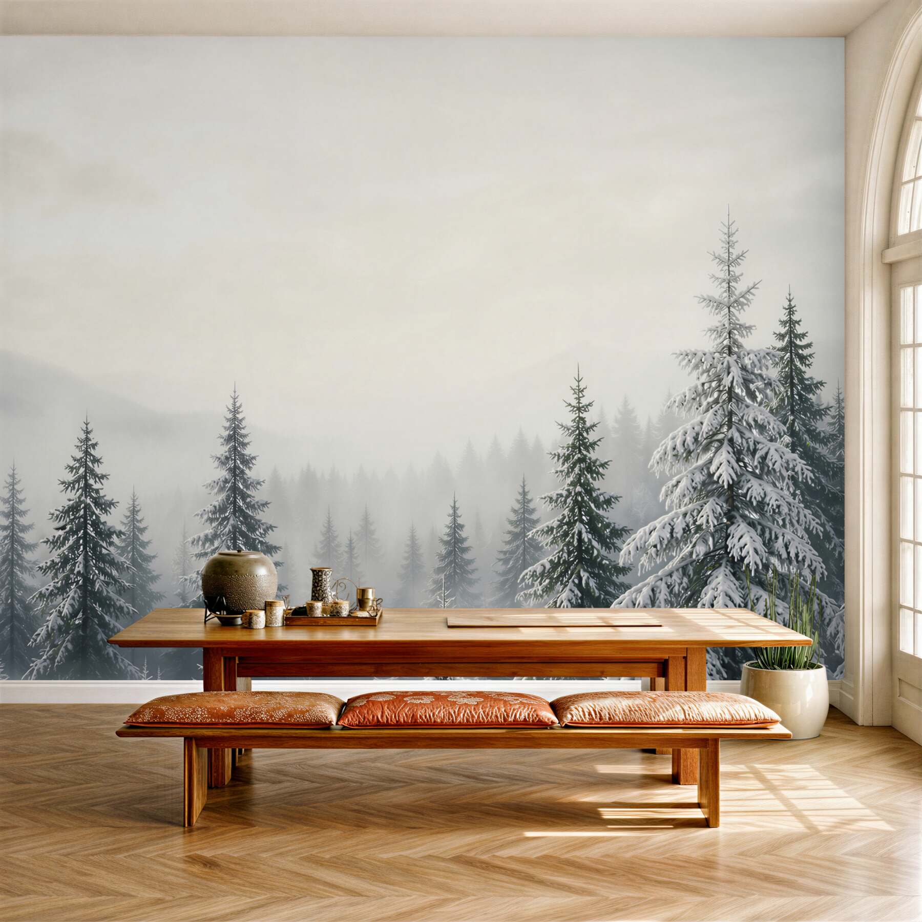 Fototapeta zimowy las we mgle ze śnieżnymi świerkami