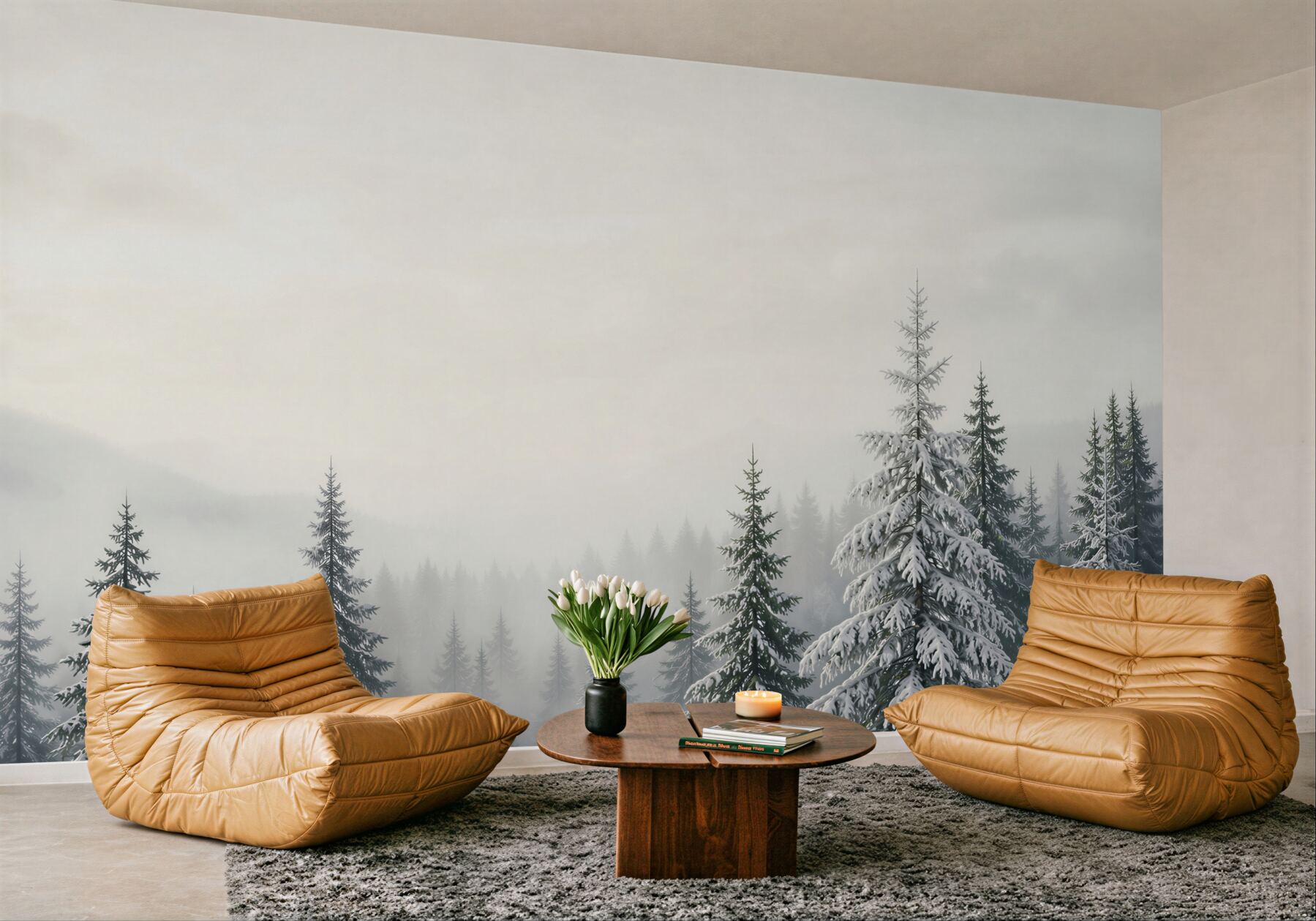 Fototapeta zimowy las we mgle ze śnieżnymi świerkami