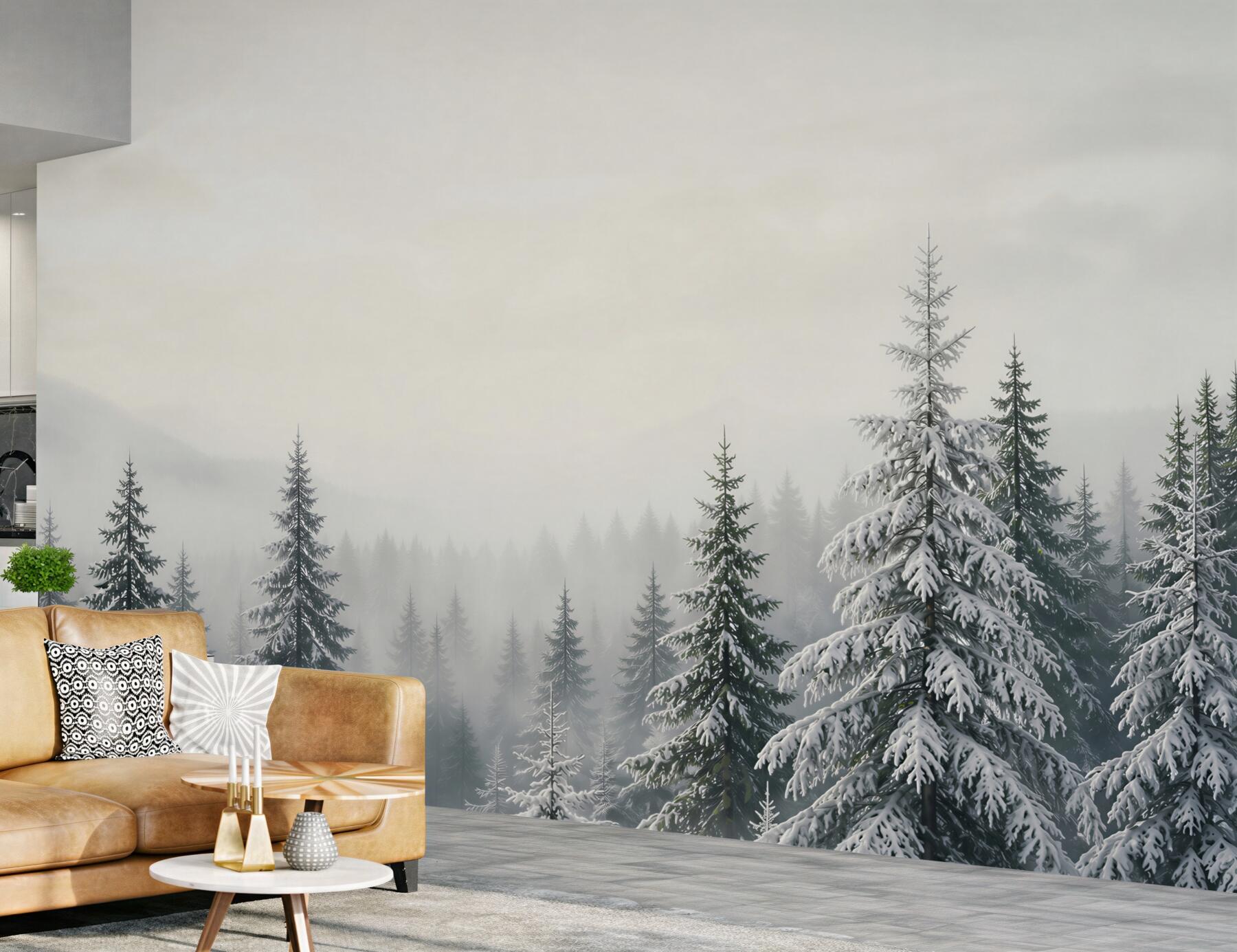 Fototapeta zimowy las we mgle ze śnieżnymi świerkami