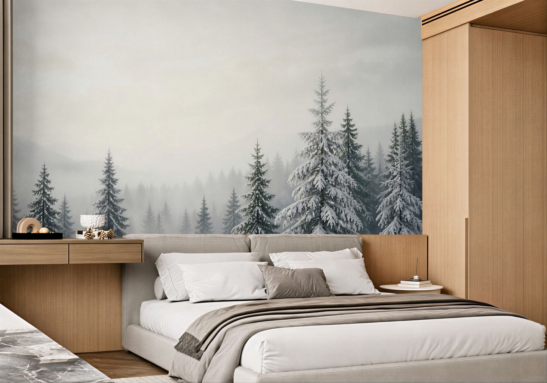 Fototapeta zimowy las we mgle ze śnieżnymi świerkami