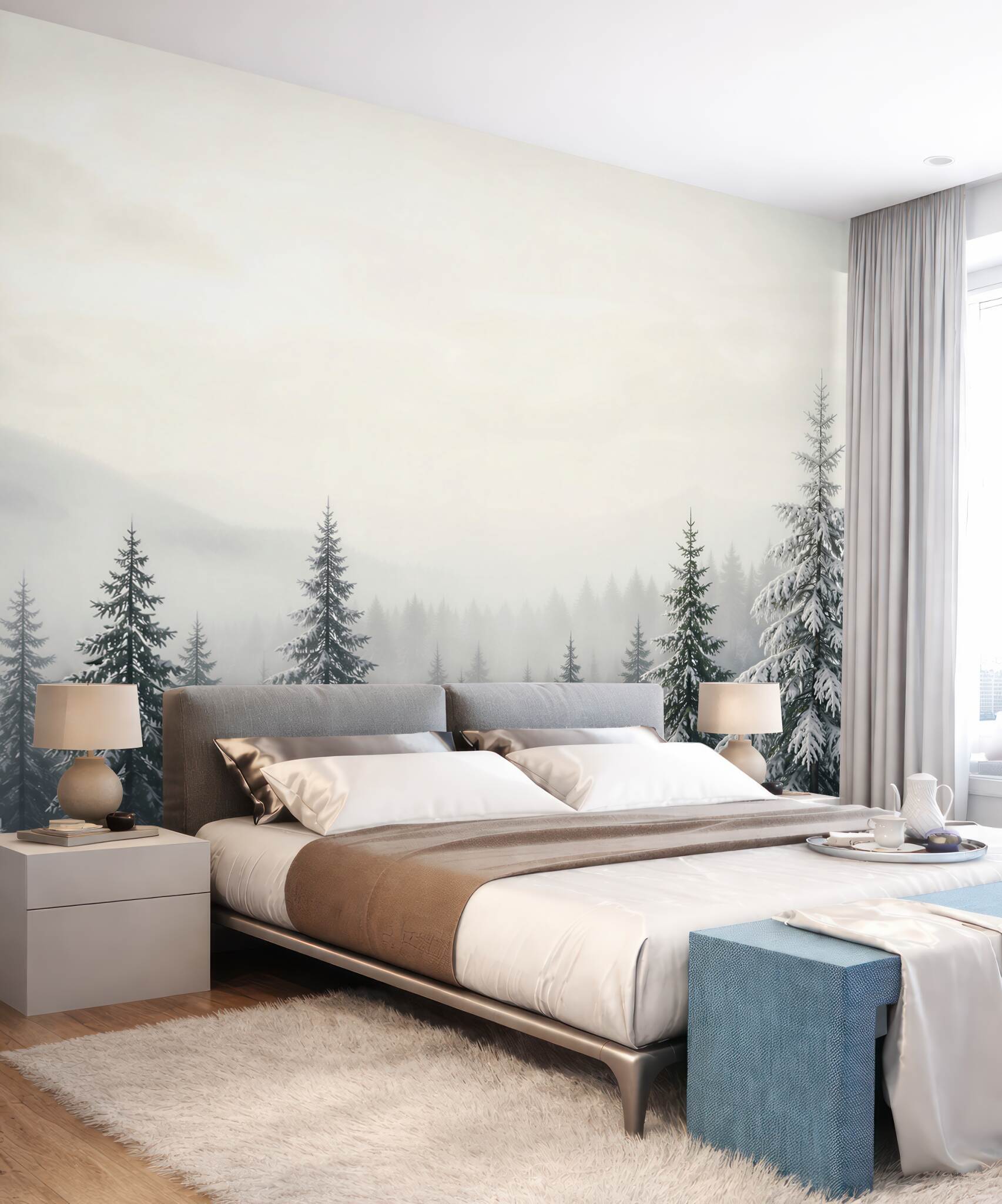 Fototapeta zimowy las we mgle ze śnieżnymi świerkami