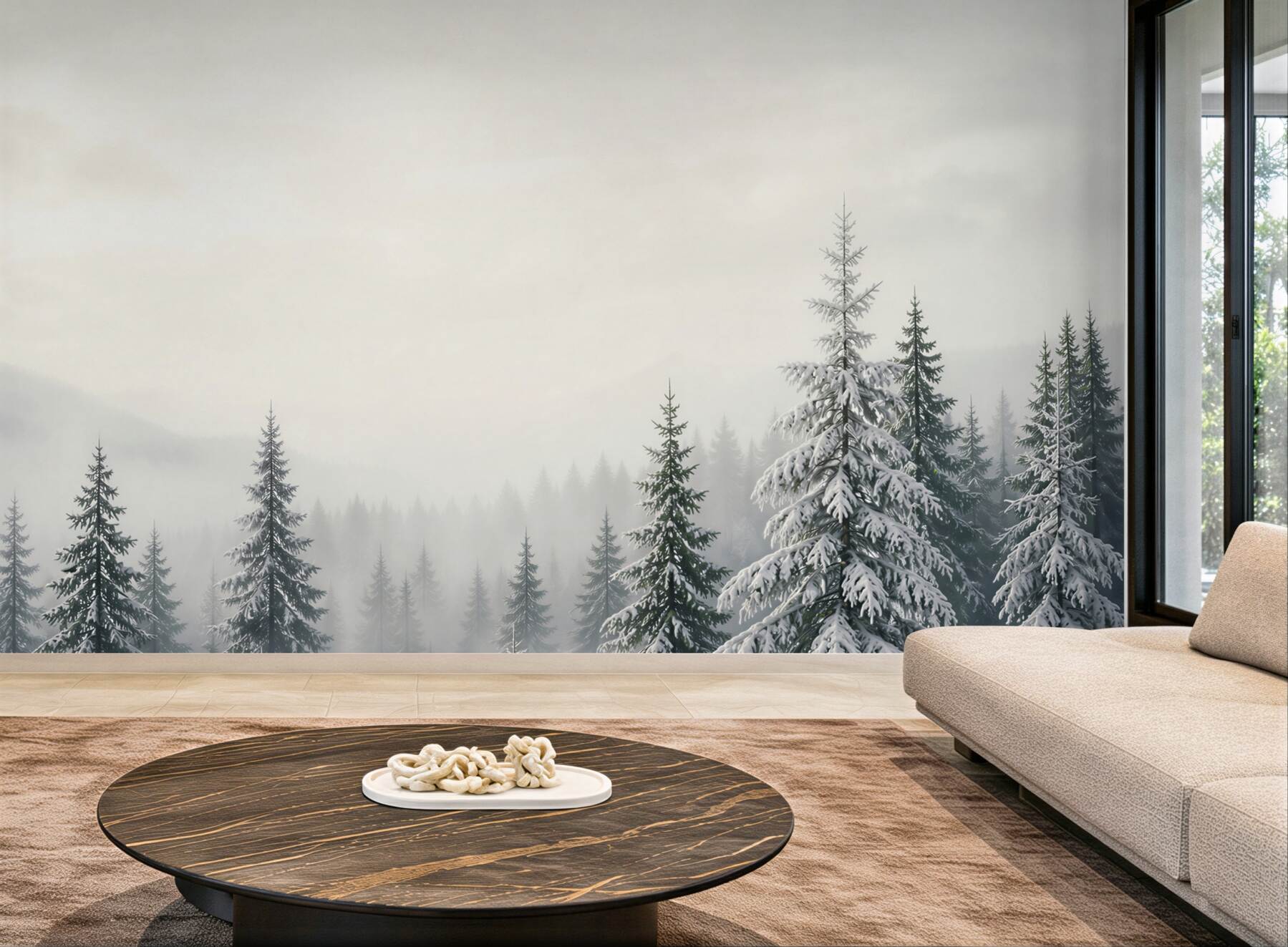 Fototapeta zimowy las we mgle ze śnieżnymi świerkami