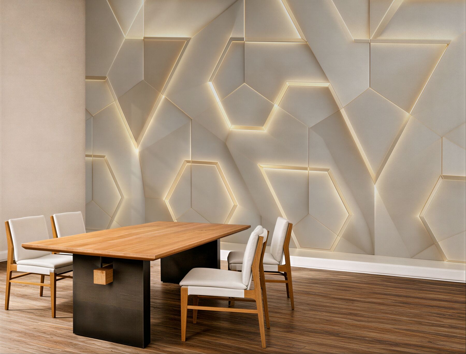 Fototapeta geometryczne panele 3D beżowe z podświetleniem led nowoczesne