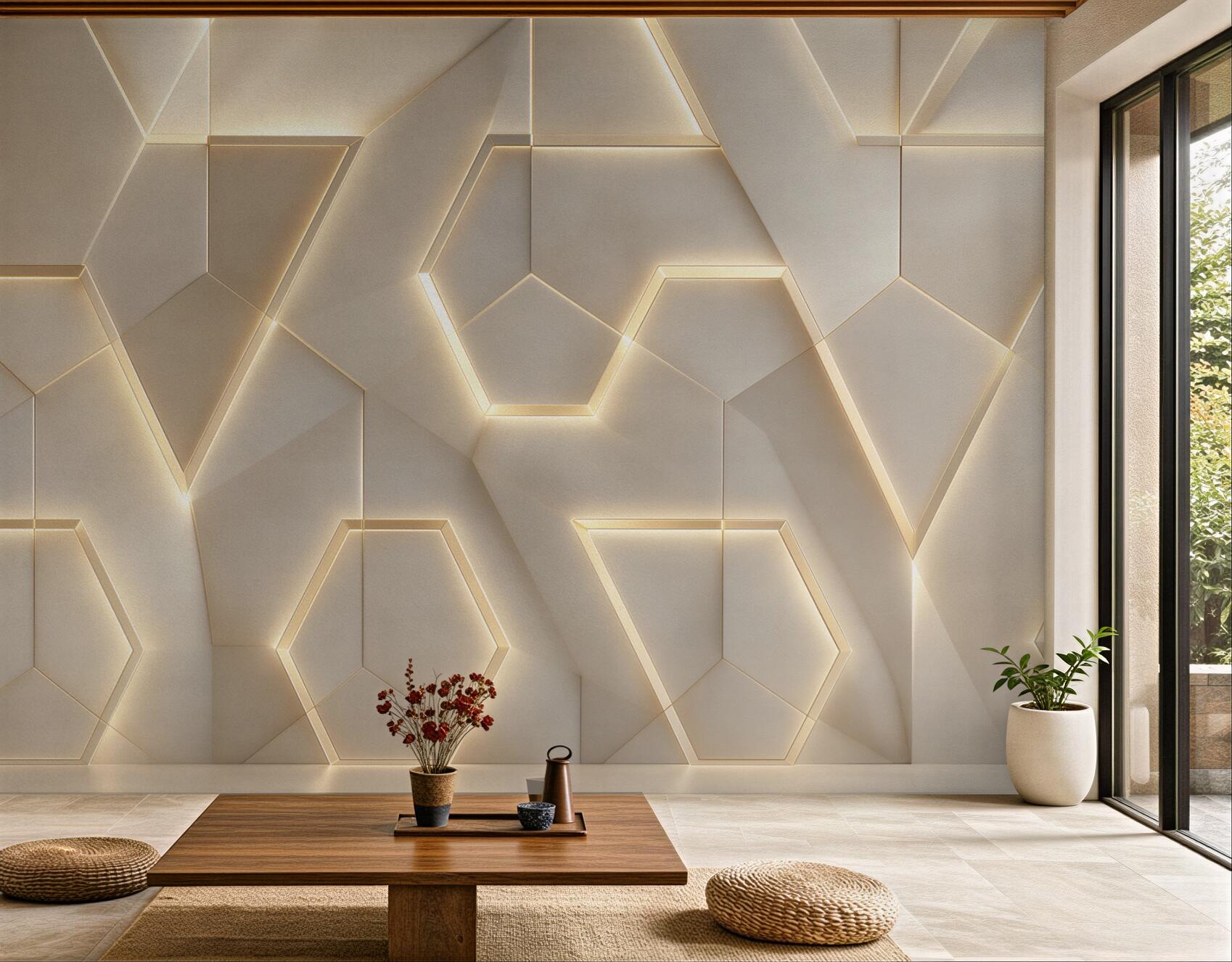 Fototapeta geometryczne panele 3D beżowe z podświetleniem led nowoczesne