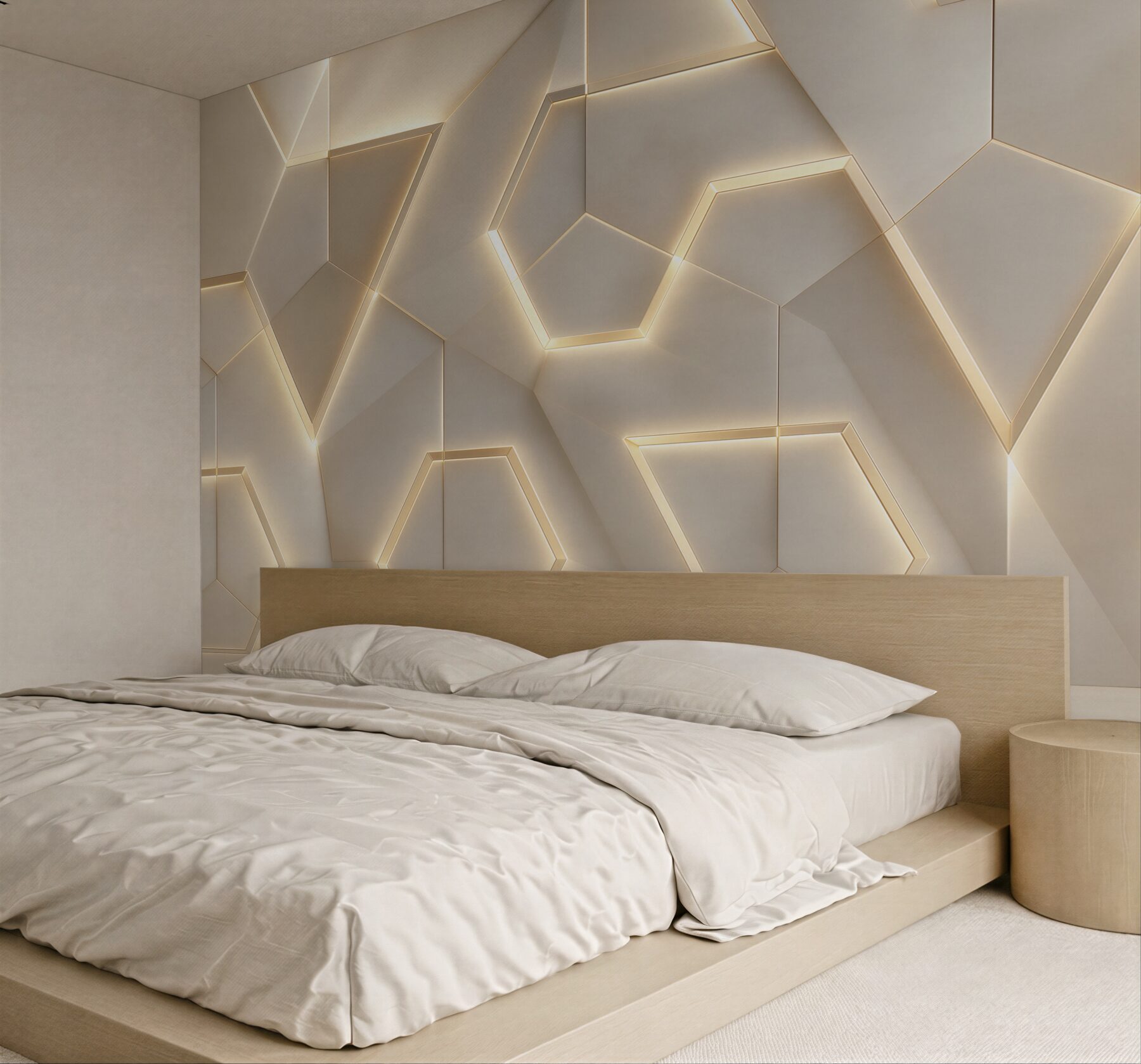Fototapeta geometryczne panele 3D beżowe z podświetleniem led nowoczesne