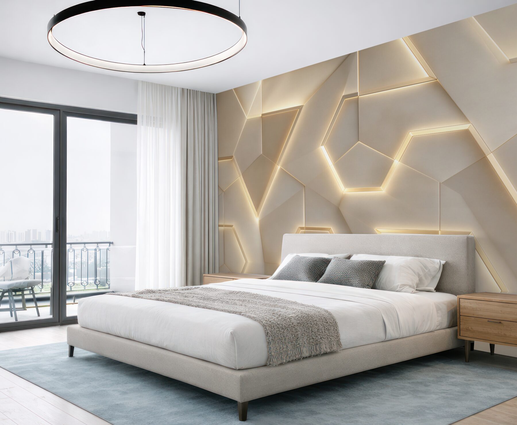 Fototapeta geometryczne panele 3D beżowe z podświetleniem led nowoczesne