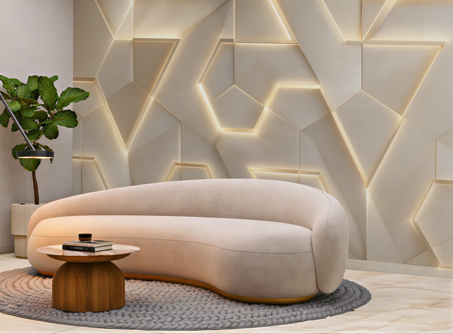 Fototapeta geometryczne panele 3D beżowe z podświetleniem led nowoczesne