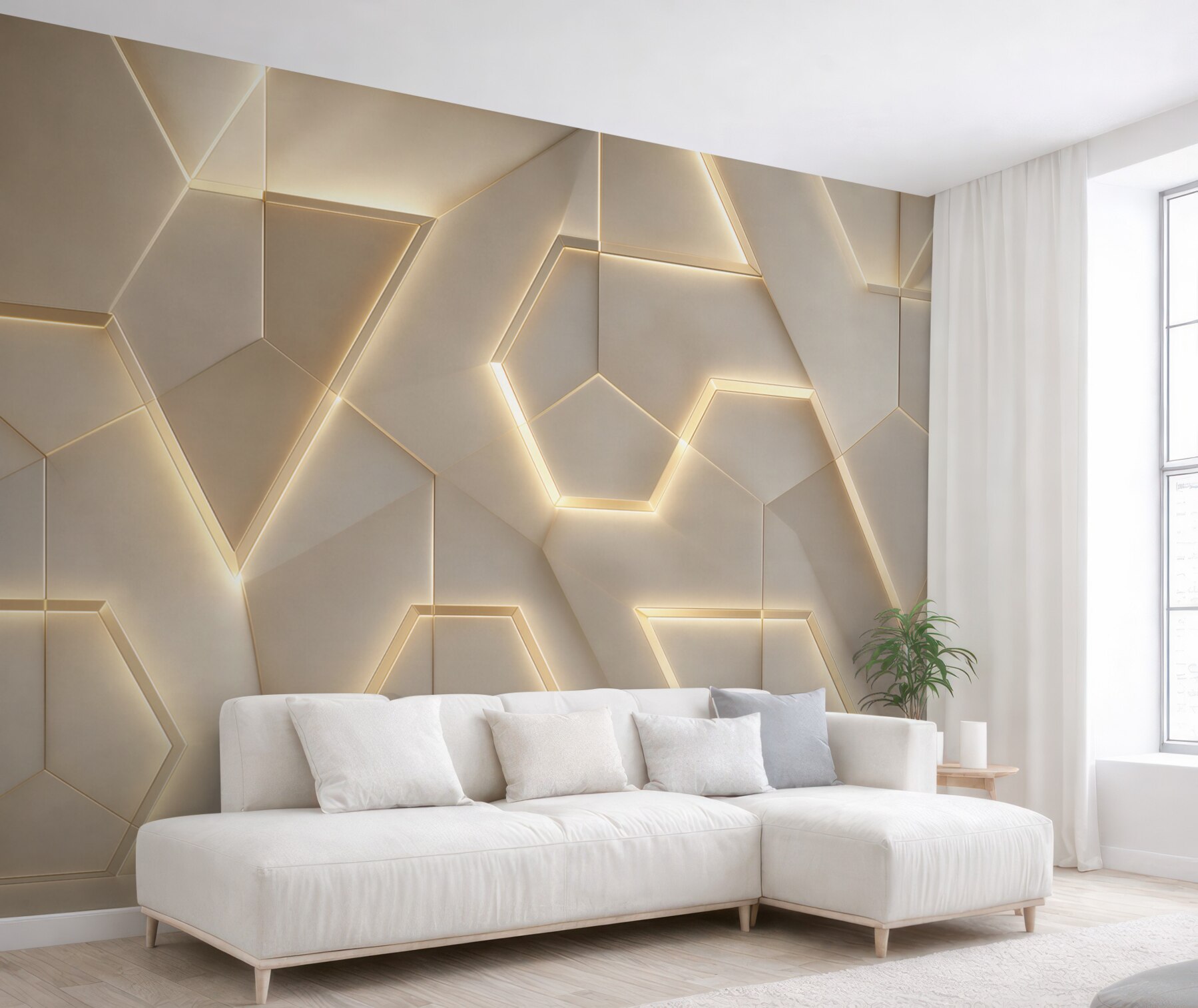 Fototapeta geometryczne panele 3D beżowe z podświetleniem led nowoczesne