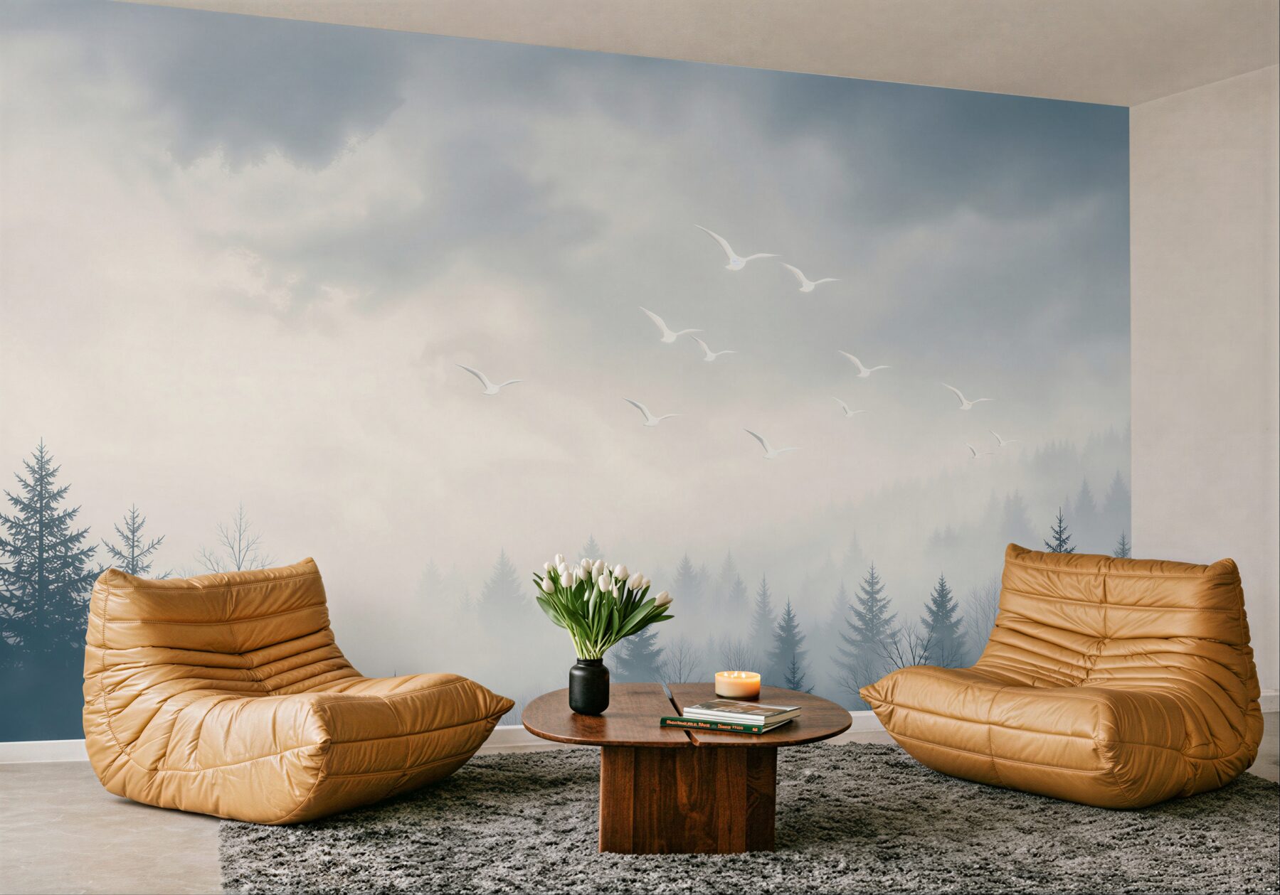 Fototapeta mglisty las z lecącymi ptakami spokojny pejzaż w pastelowych barwach