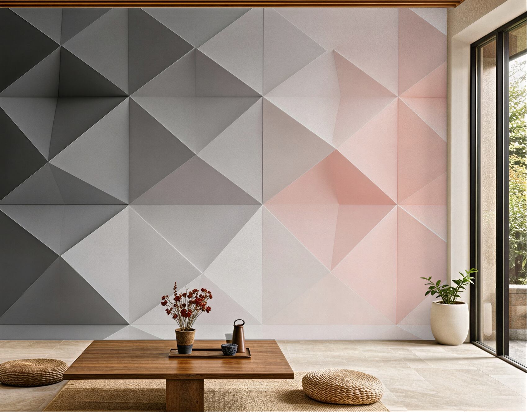 Fototapeta geometryczne trójkąty 3D szaro różowe nowoczesne