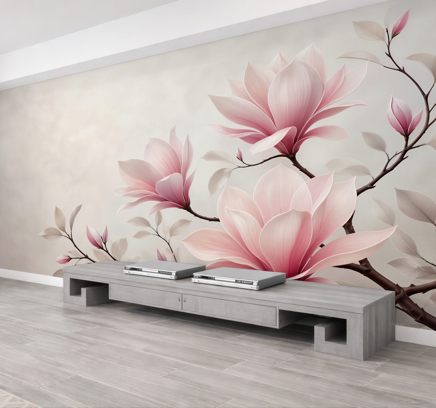 Fototapeta kwiaty magnolii pudrowy róż na jasnym tle elegancka