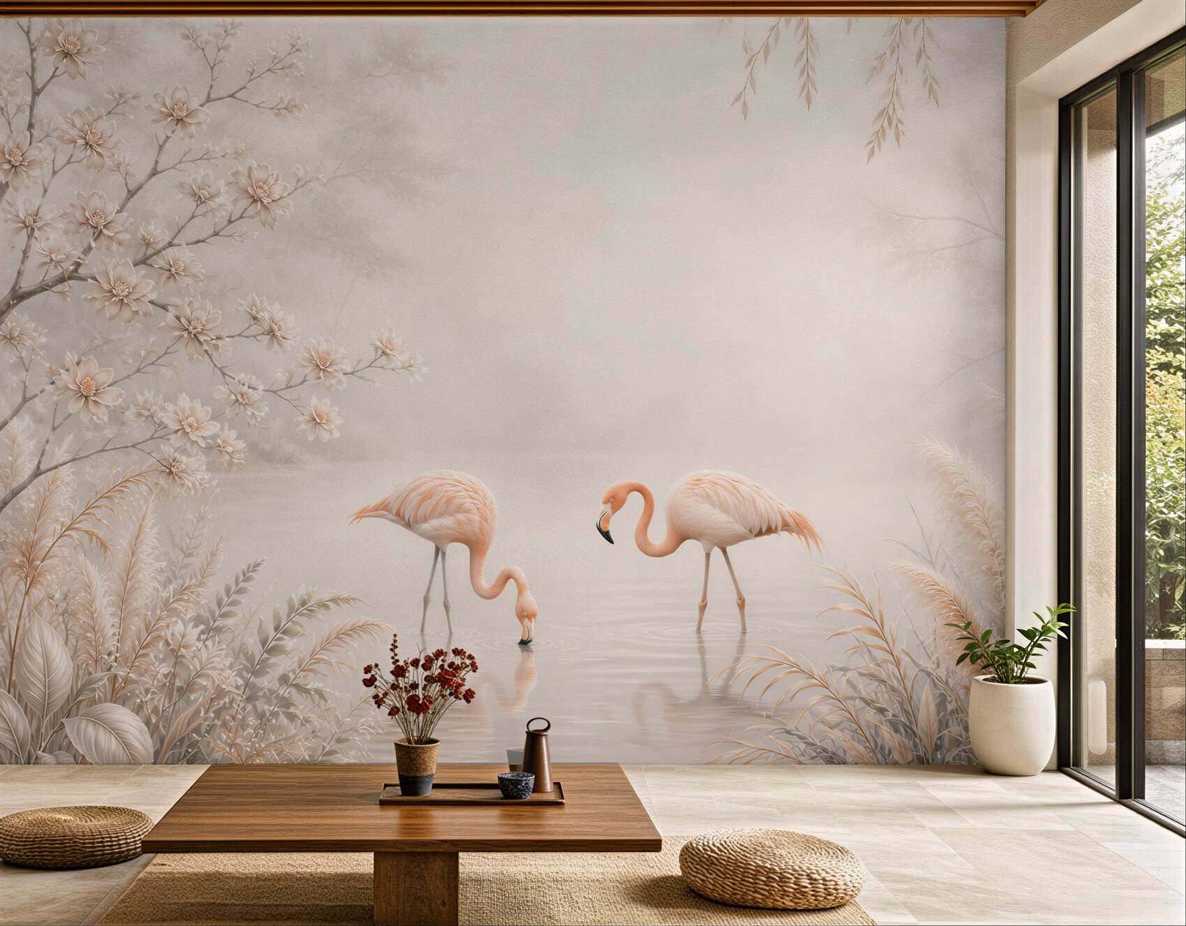 Fototapeta dwa flamingi nad jeziorem w beżowej scenerii kwiatowej