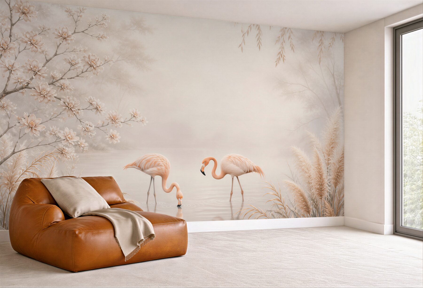 Fototapeta dwa flamingi nad jeziorem w beżowej scenerii kwiatowej