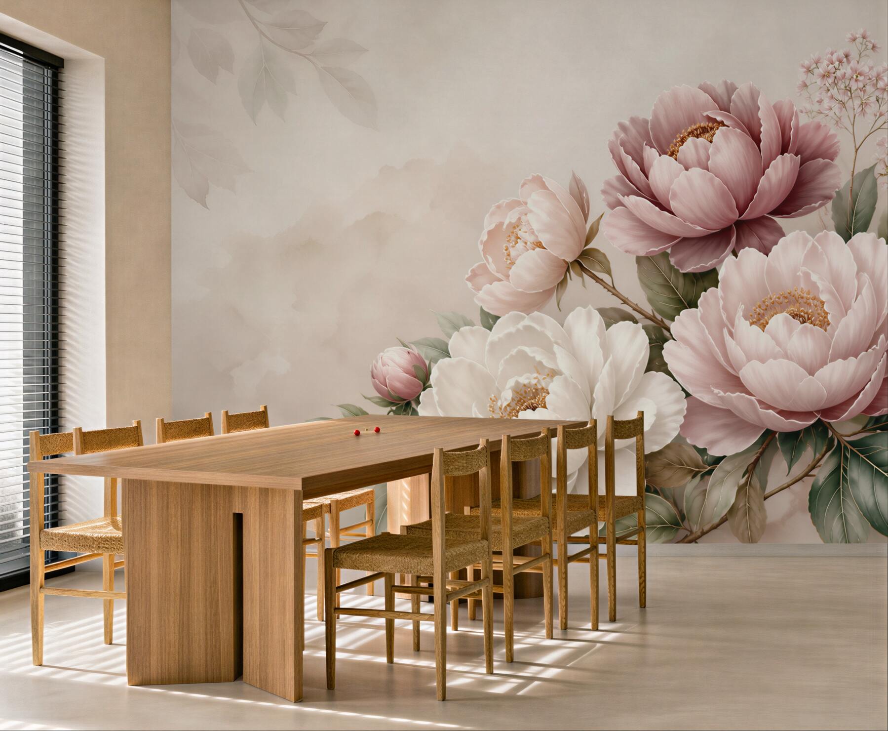 Fototapeta piwonie pudrowy róż i biel na beżowym tle elegancka