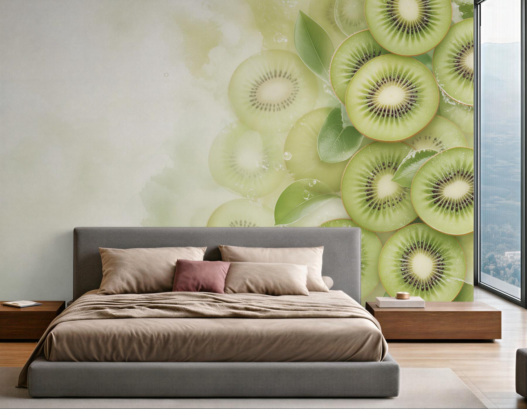 Fototapeta kiwi soczyste zielone z liśćmi do nowoczesnej kuchni